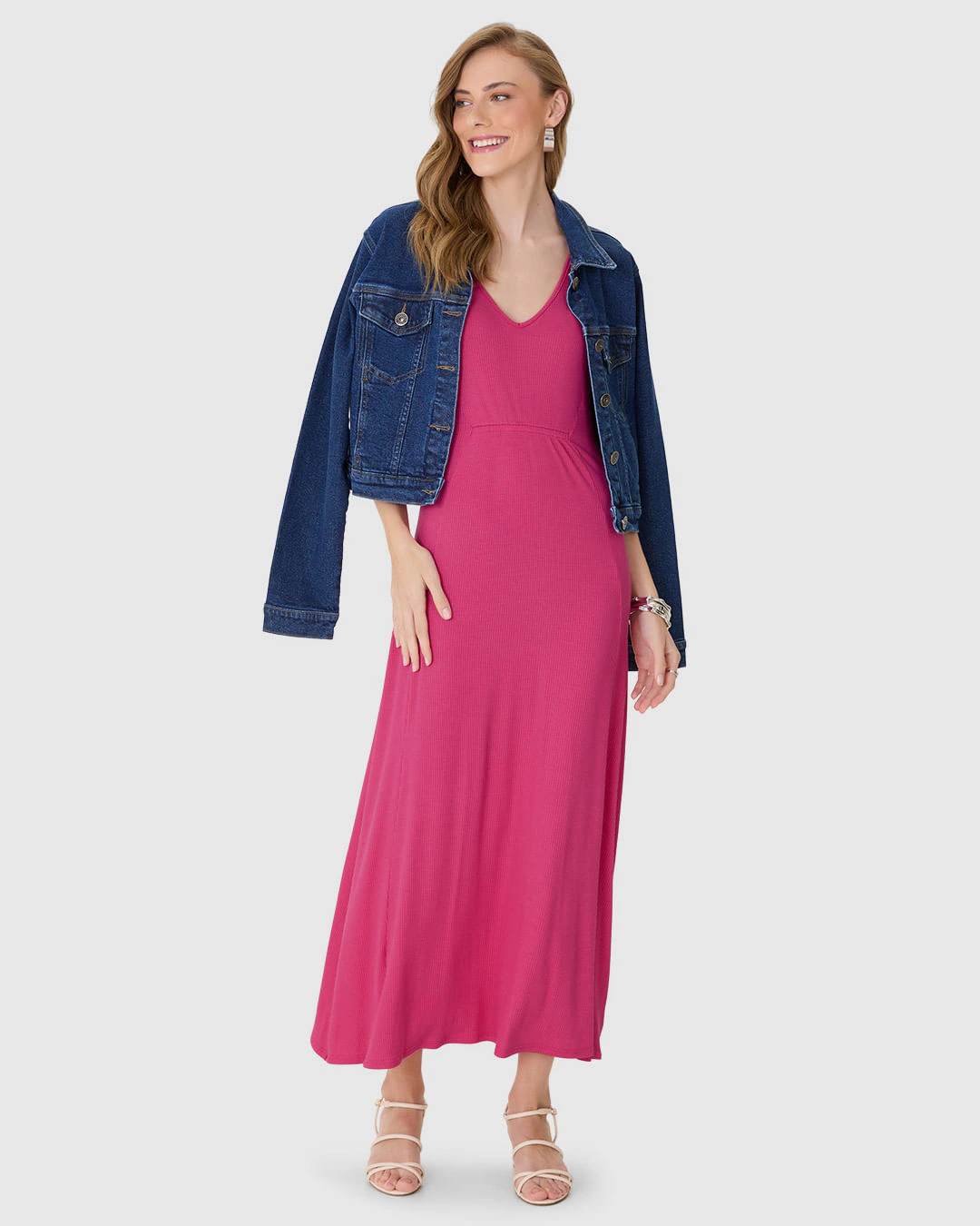 Vestido Midi Feminino Detalhe Franzido Frontal Em Malha Viscose Canelada