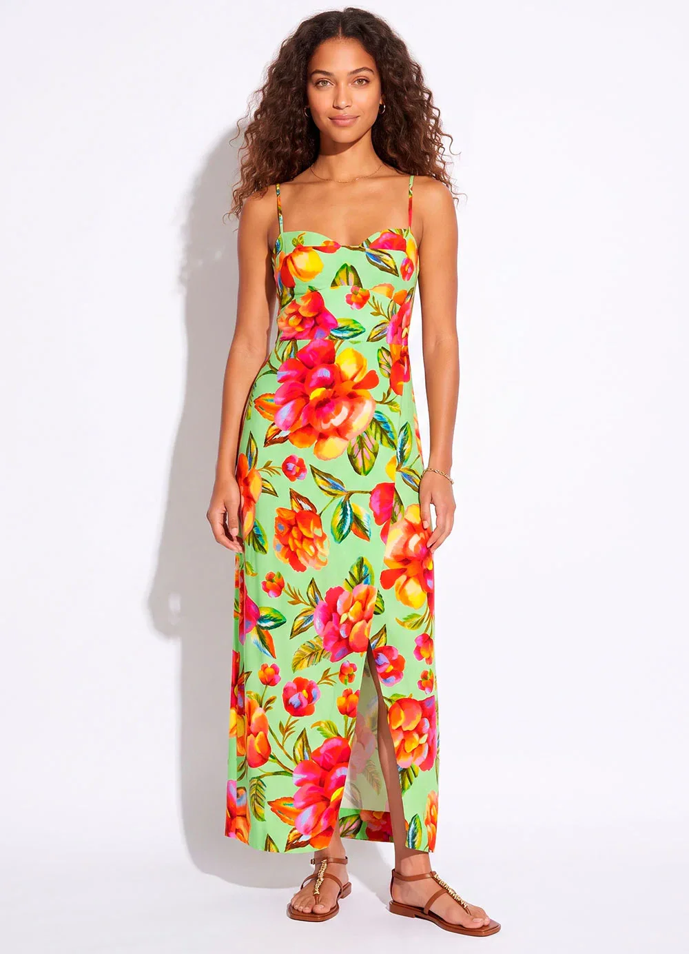 Farm - Vestido Midi em Viscolinho Verde