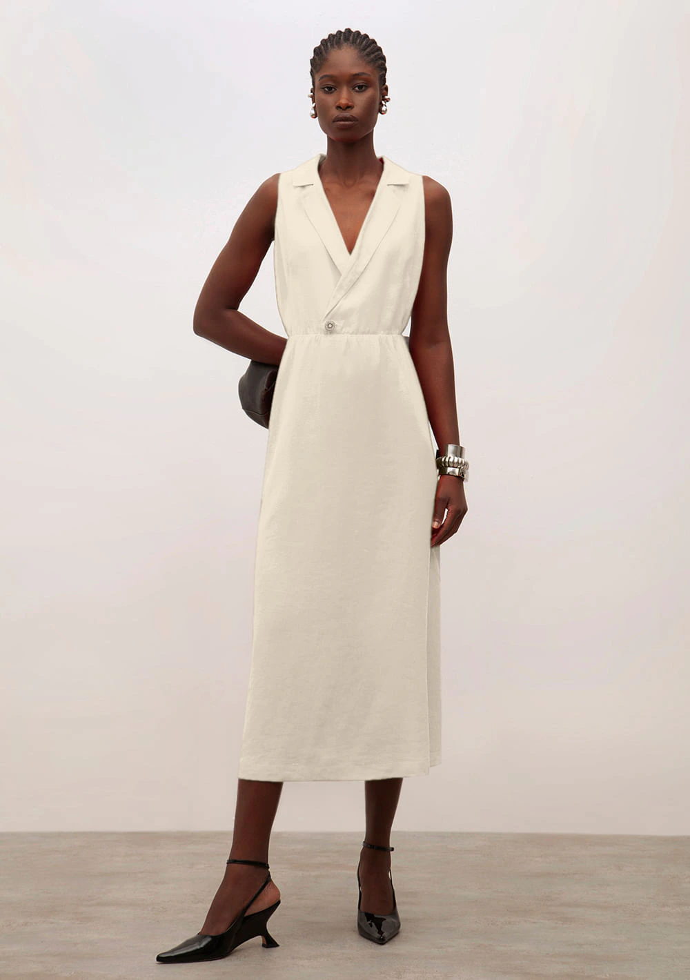 Vestido Iódice Solto Decote V Sem Manga Midi Cru