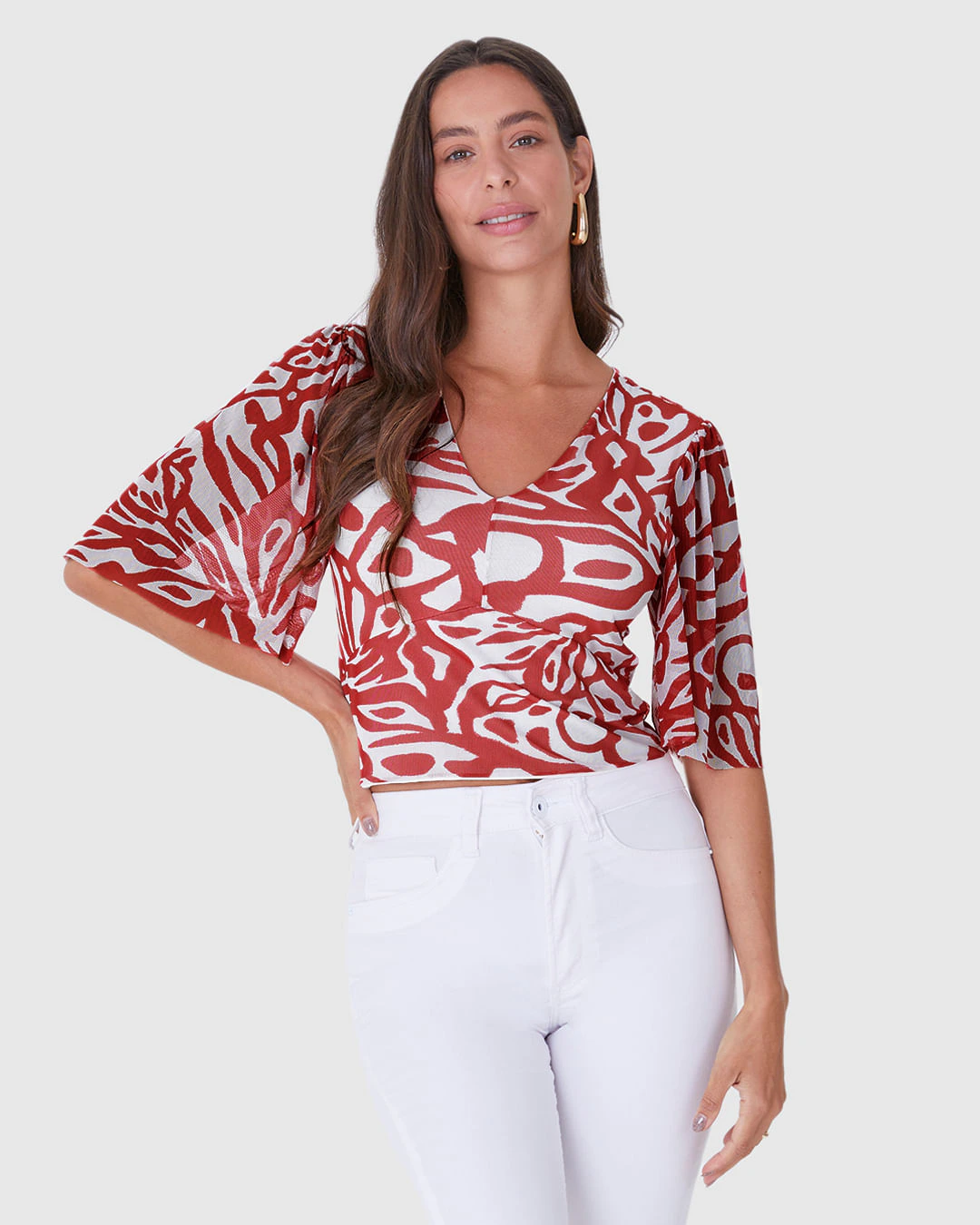 Blusa Cropped Feminina Estampada Decote V Em Tule Stretch