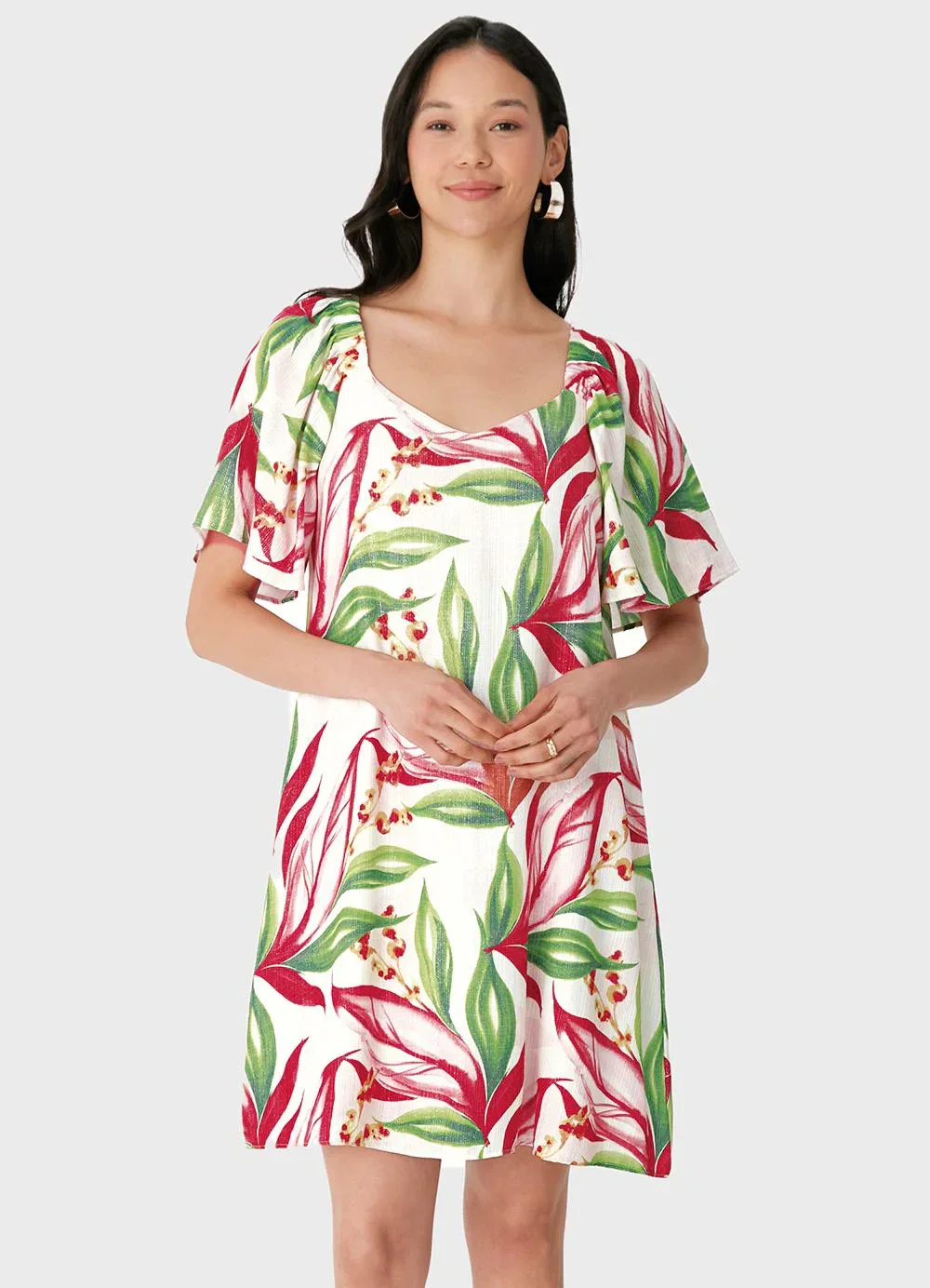 Malwee - Vestido Tropical Curto Evasê Vermelho