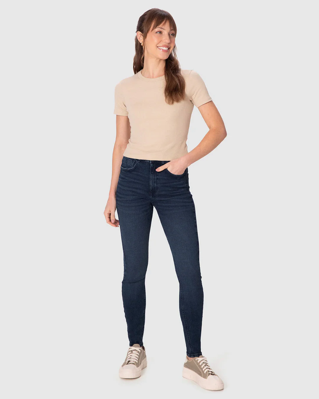 Calça Skinny Feminina Cintura Alta Funcional Em Jeans Stretch