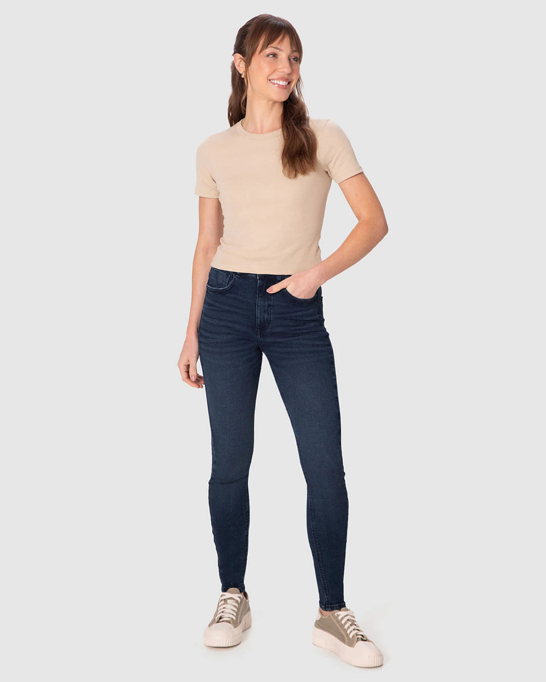 Calça Skinny Feminina Cintura Alta Funcional Em Jeans Stretch