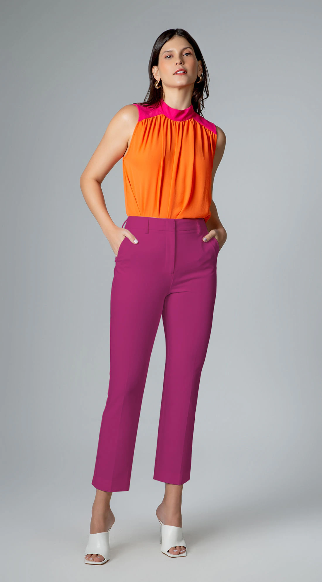 Calça Maria.Valentina Alfaiataria Cós Alto Bolso Faca Rosa