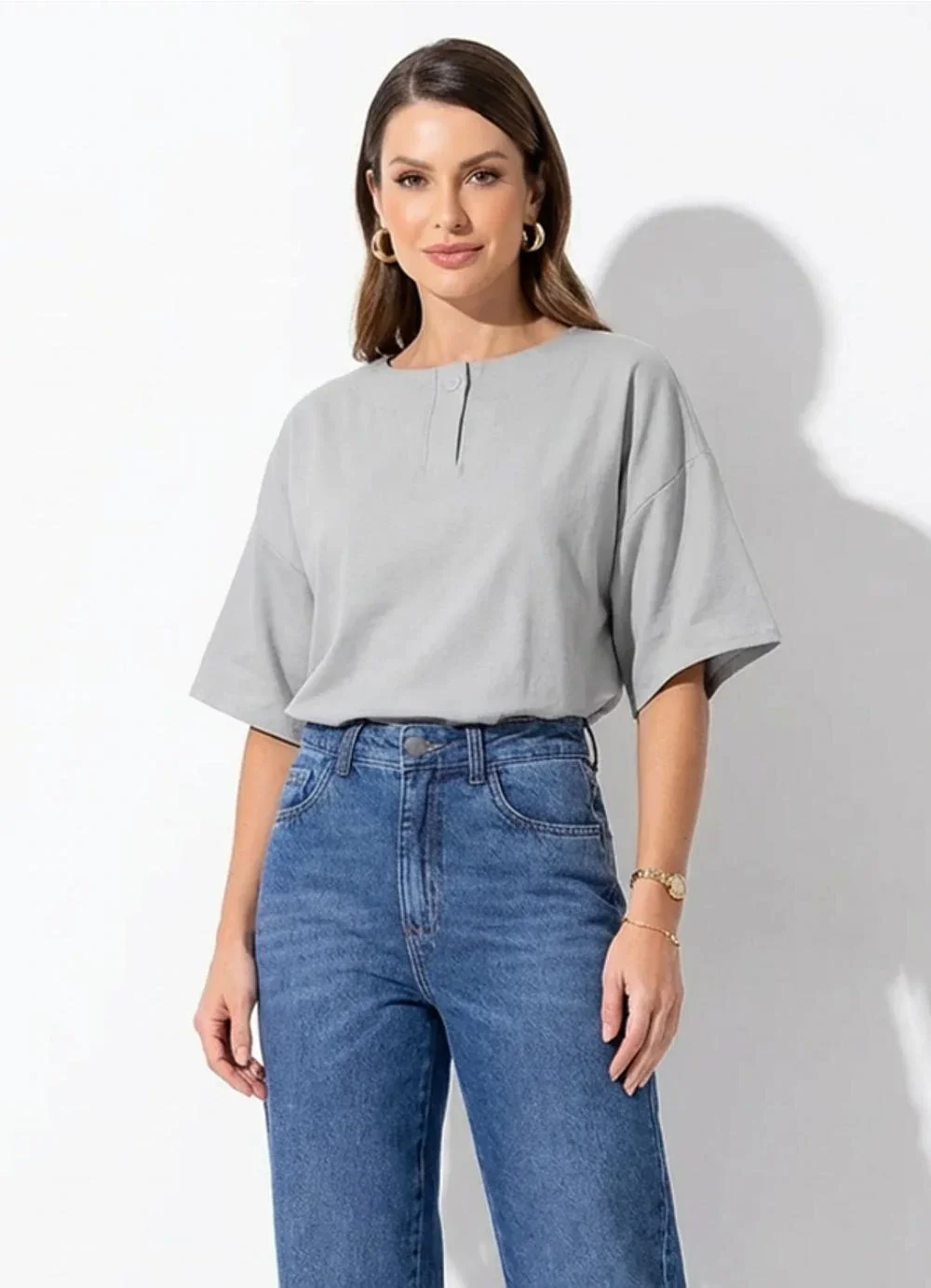 Quintess - Blusa Cinza Claro em Viscose com Poliéster