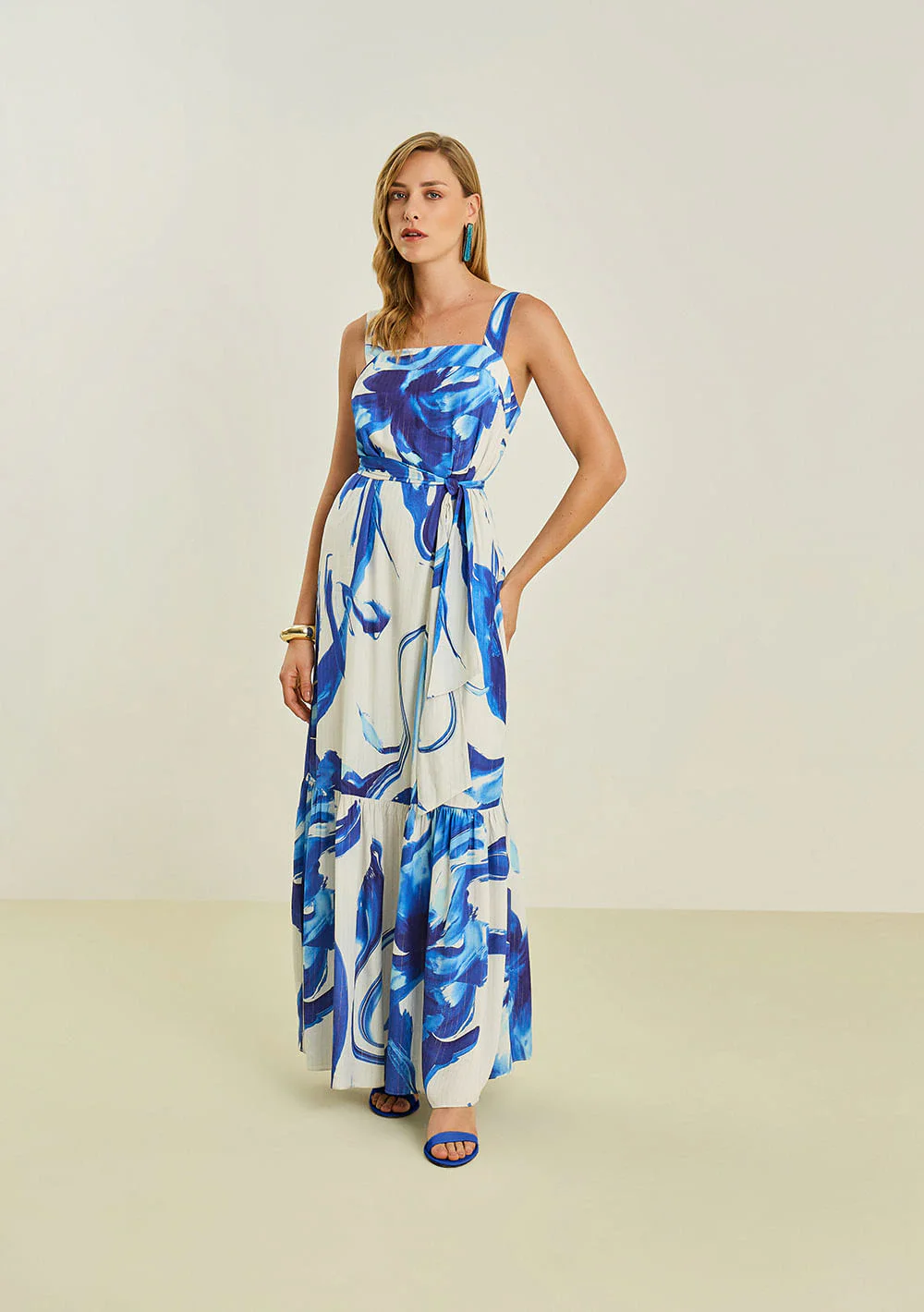 Vestido Maria.Valentina Solto Decote Reto Com Alça Longo Azul
