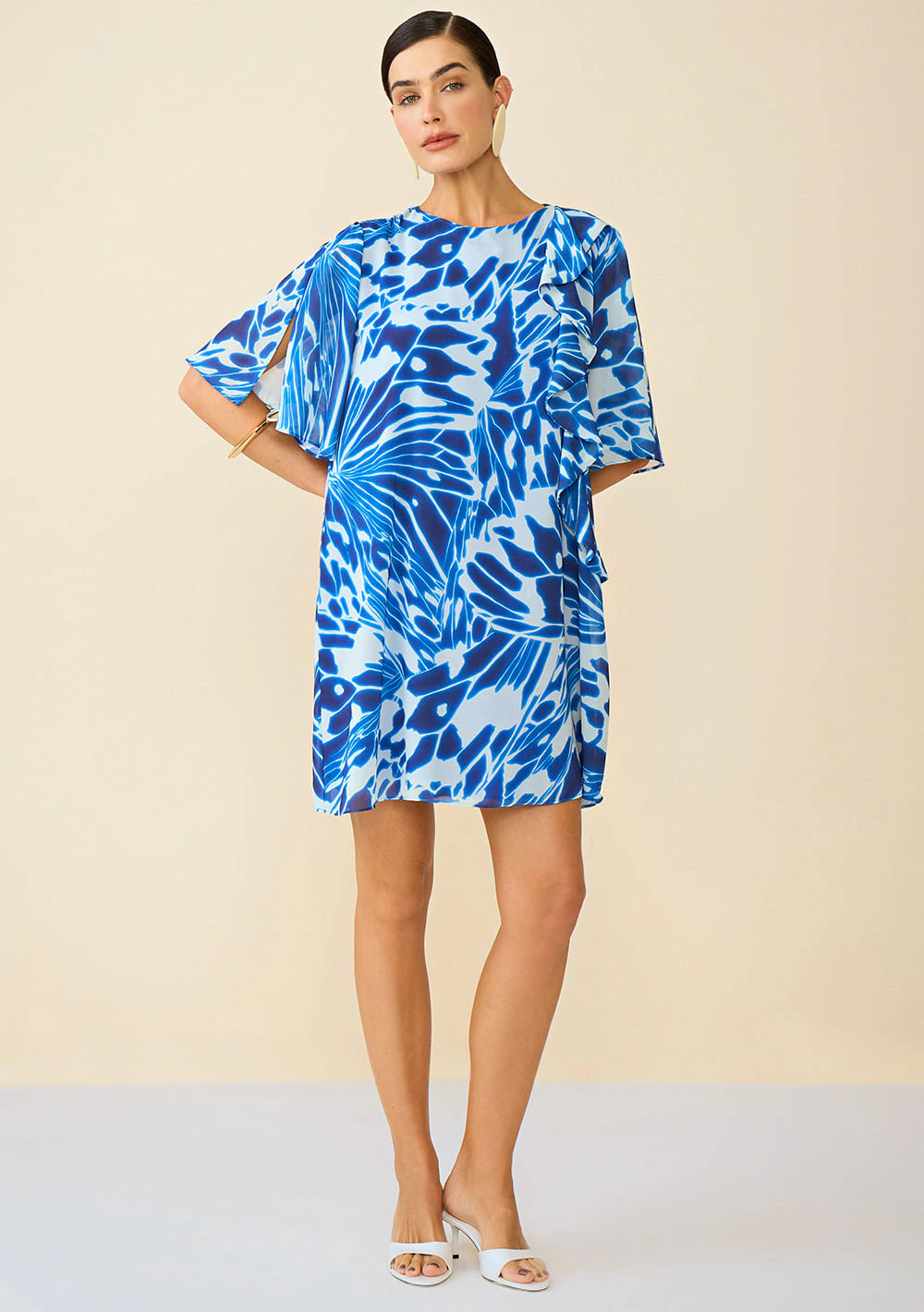 Vestido Maria.Valentina Curto Decote Redondo Com Babado Azul