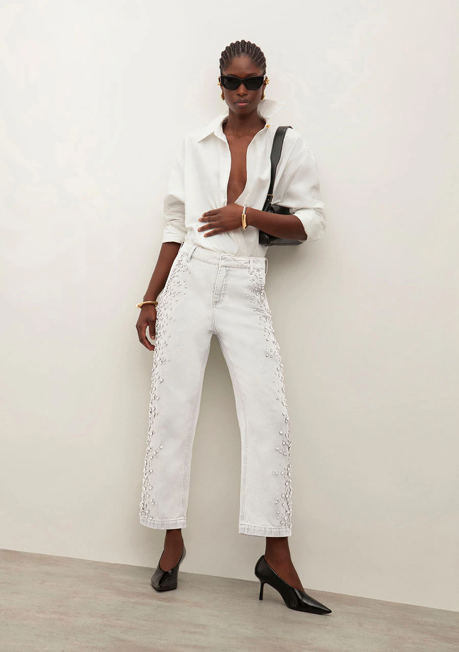 Calça Iódice Reta Cós Intermediário Com Bordado Off White