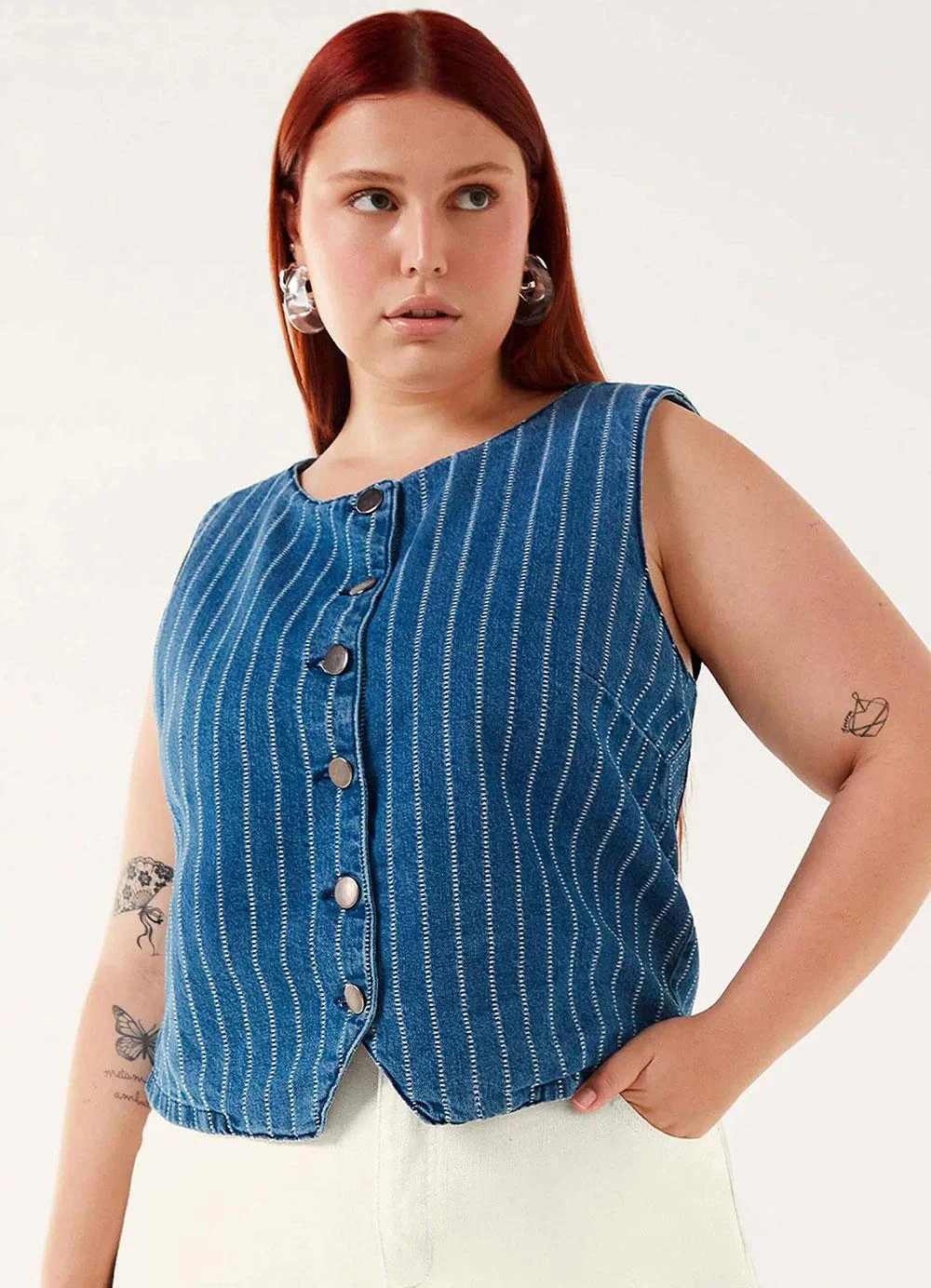 Marialícia - Colete Feminino Listrado Jeans Azul