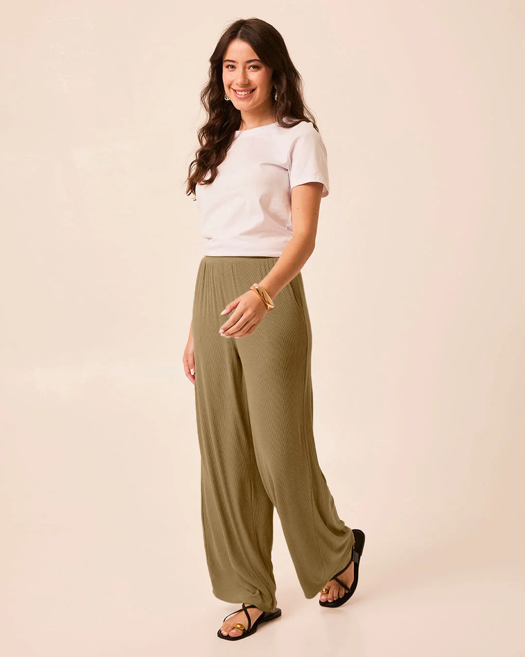 Calça Wide Leg Feminina Cós Elástico Bolso Faca Em Malha Viscose Canelada