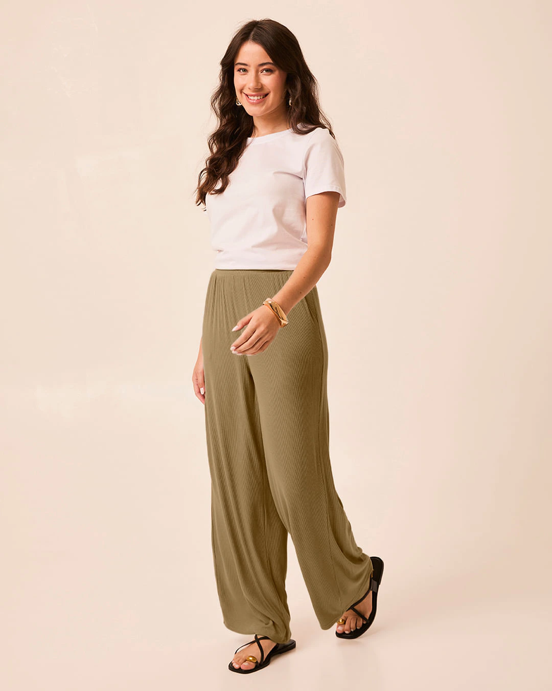 Calça Wide Leg Feminina Cós Elástico Bolso Faca Em Malha Viscose Canelada