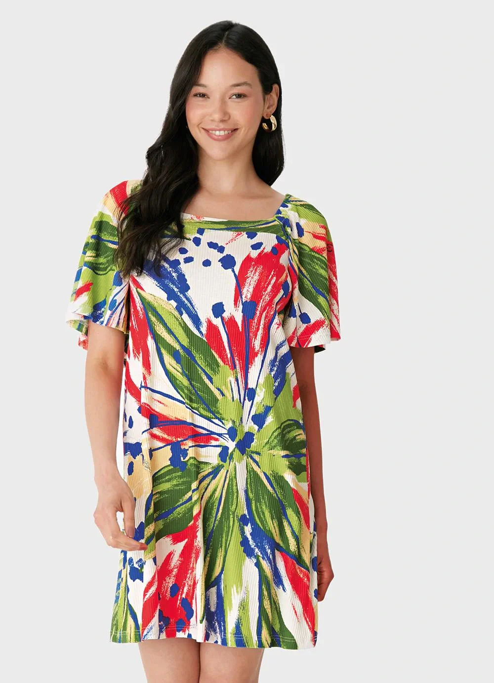 Malwee - Vestido Floral Evasê Canelado Verde