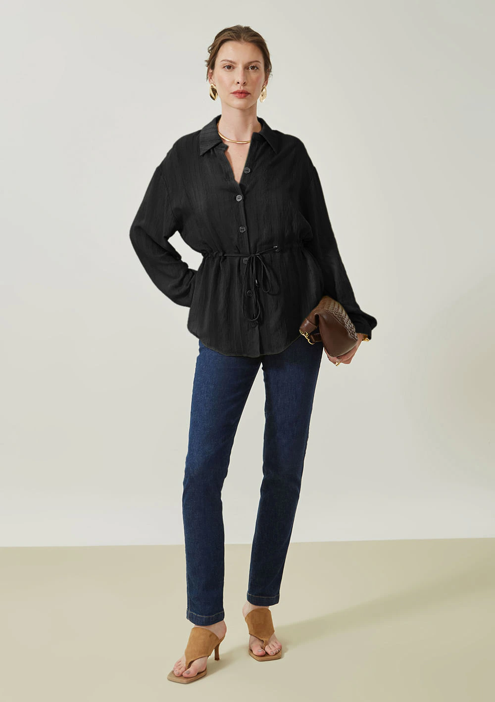 Camisa Maria.Valentina Solta Gola Tradicional Manga Longa Alongada Preto