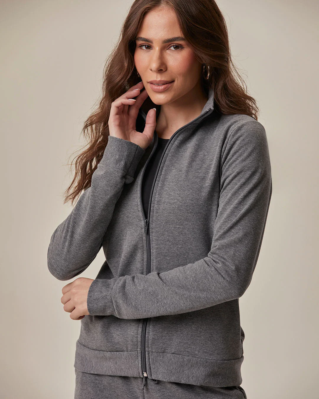 Jaqueta Básica Feminina Gola Alta Moletom Stretch Flanelado