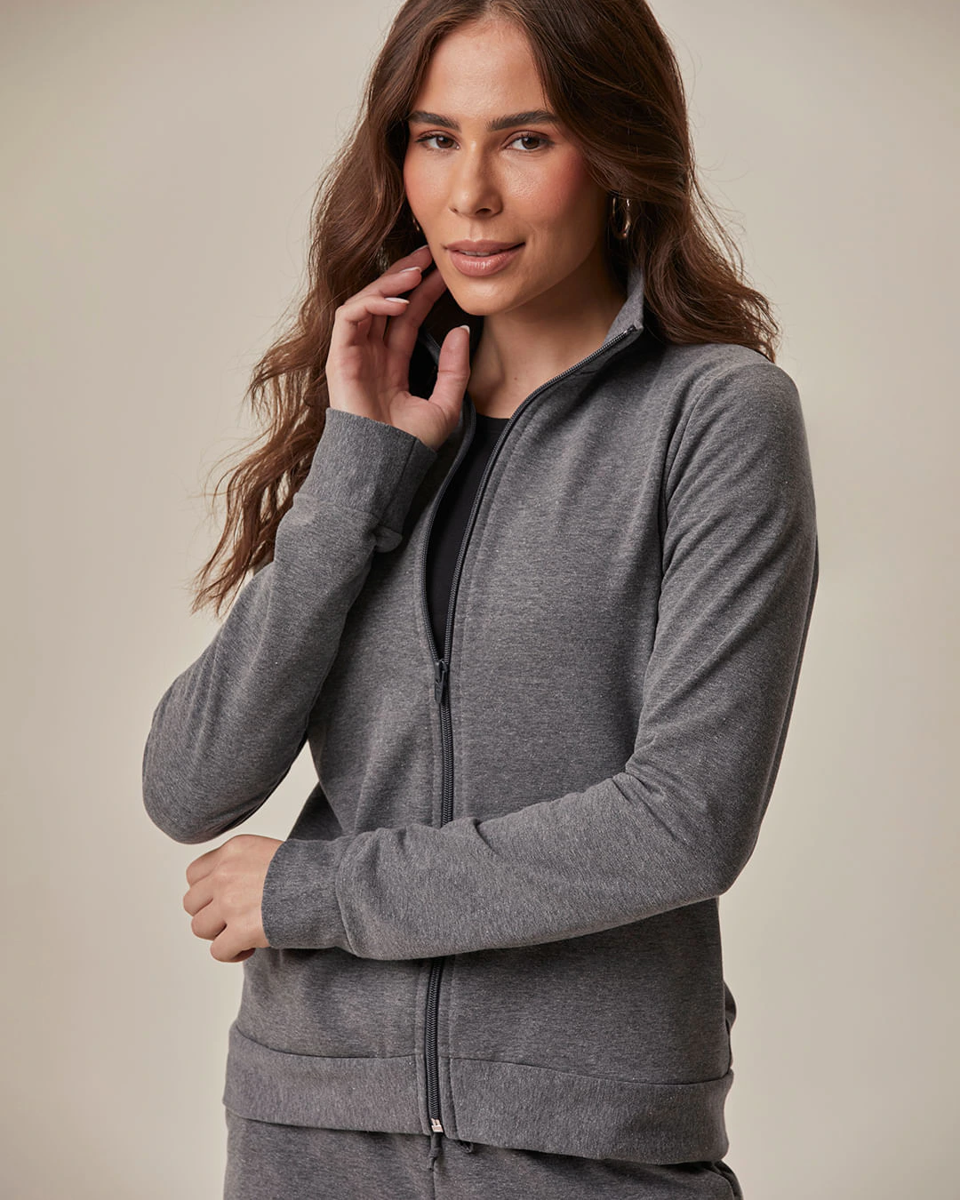 Jaqueta Básica Feminina Gola Alta Moletom Stretch Flanelado