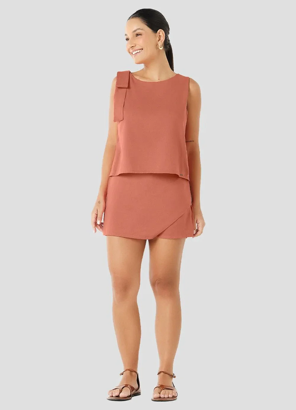 Cereja Rosa - Blusa em Tecido Plano Viscose Linho Laranja
