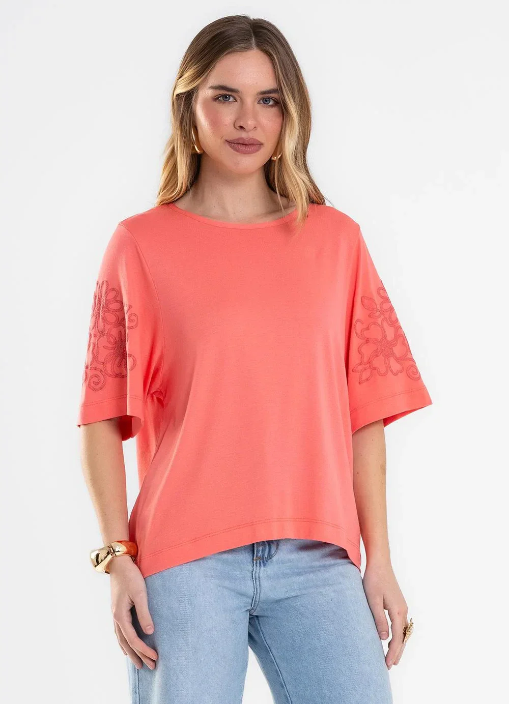 Rovitex - Blusa Feminina com Estampa na Manga Laranja