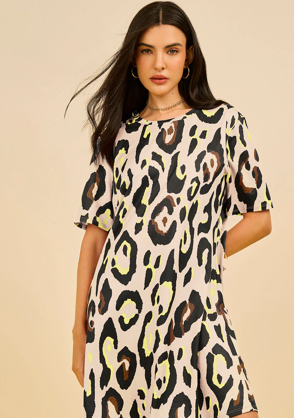 Vestido Zinco Solto Decote Careca Manga Curta Curto Off White
