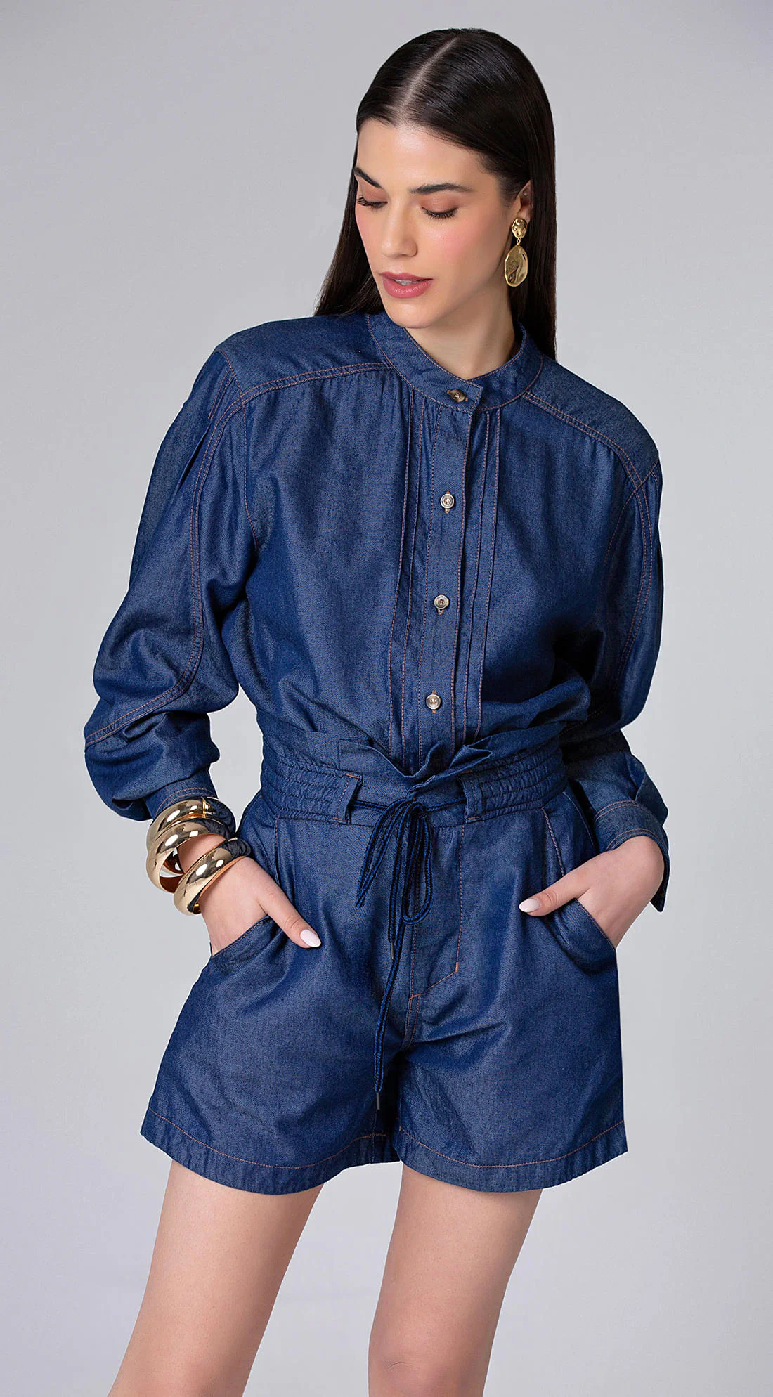 Shorts Maria.Valentina Alfaiataria Detalhe Cós Jeans