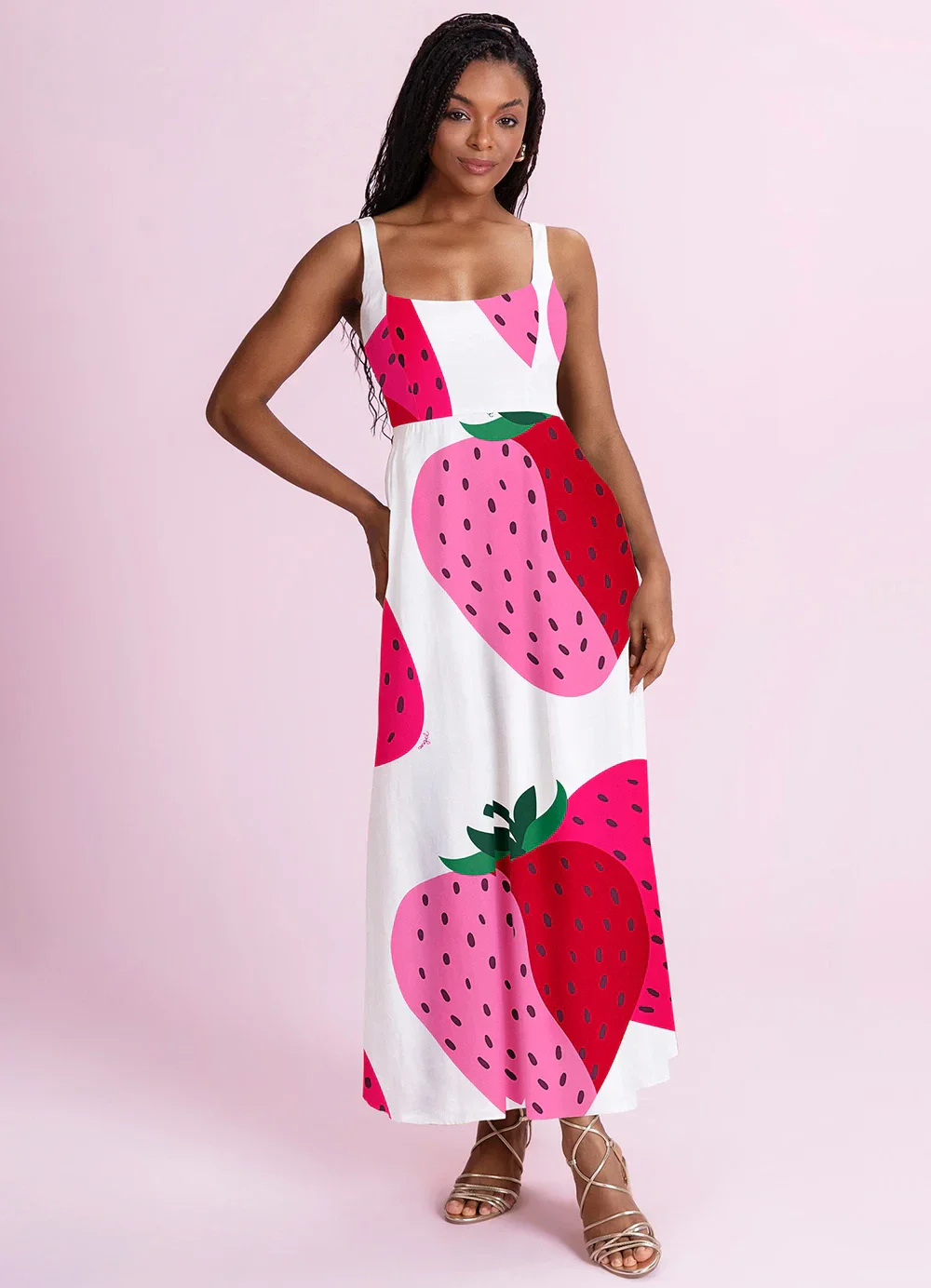 Angel - Vestido Midi Tricoline Estampado Rosa