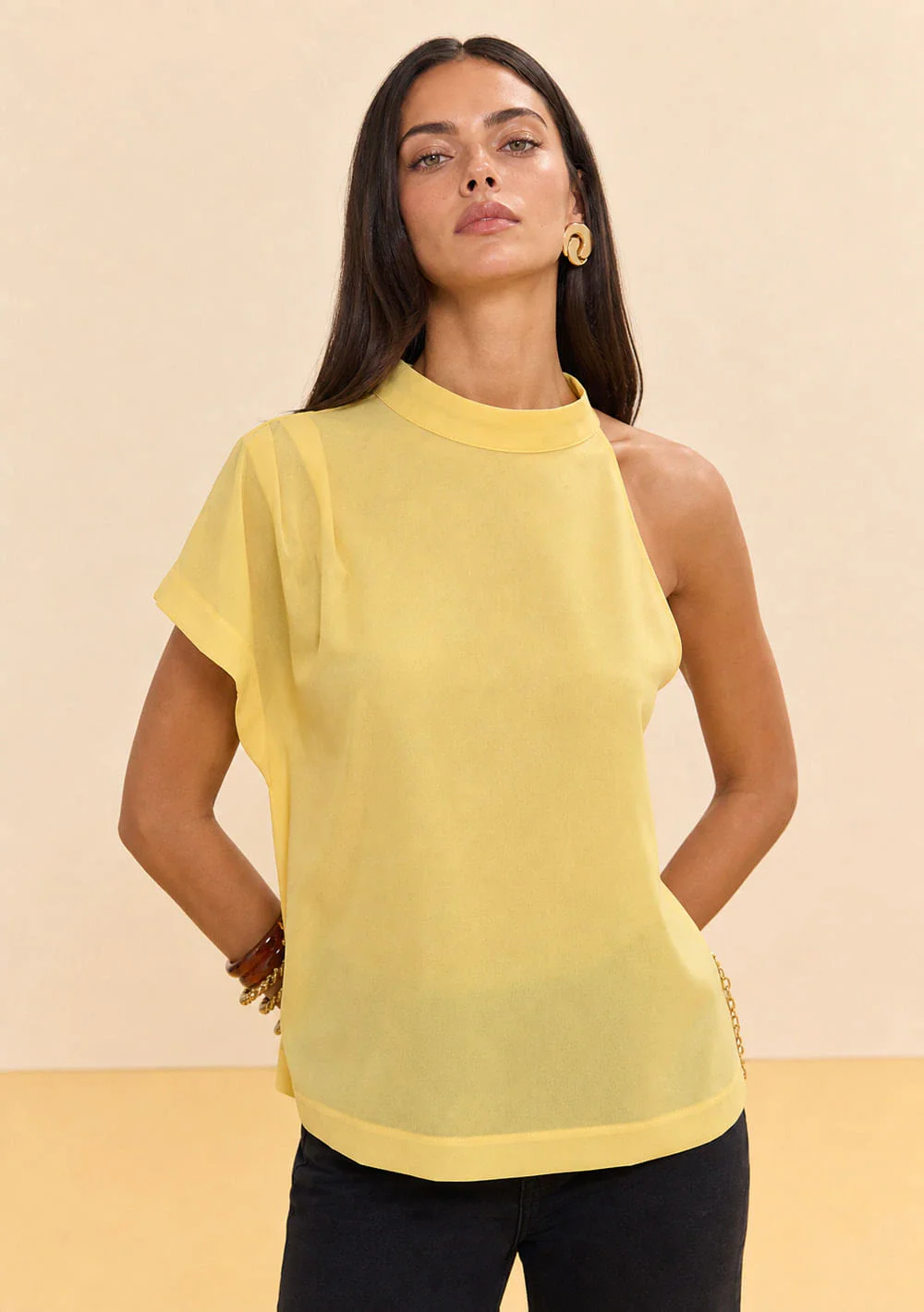 Blusa Zinco Ajustada Um Ombro Só Manga Curta Padrão Amarelo