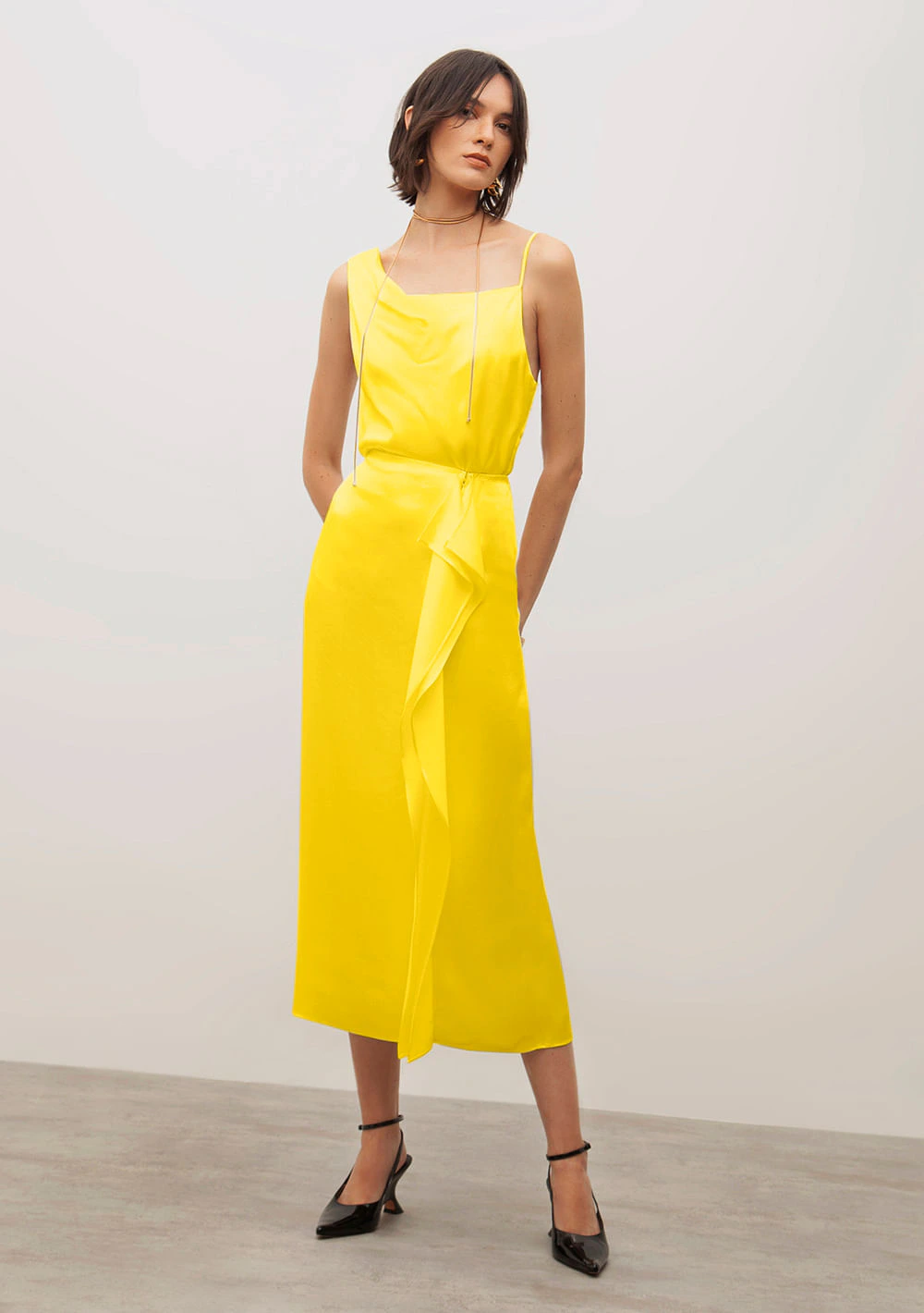 Saia Iódice Midi Reta Com Sobreposição Amarelo