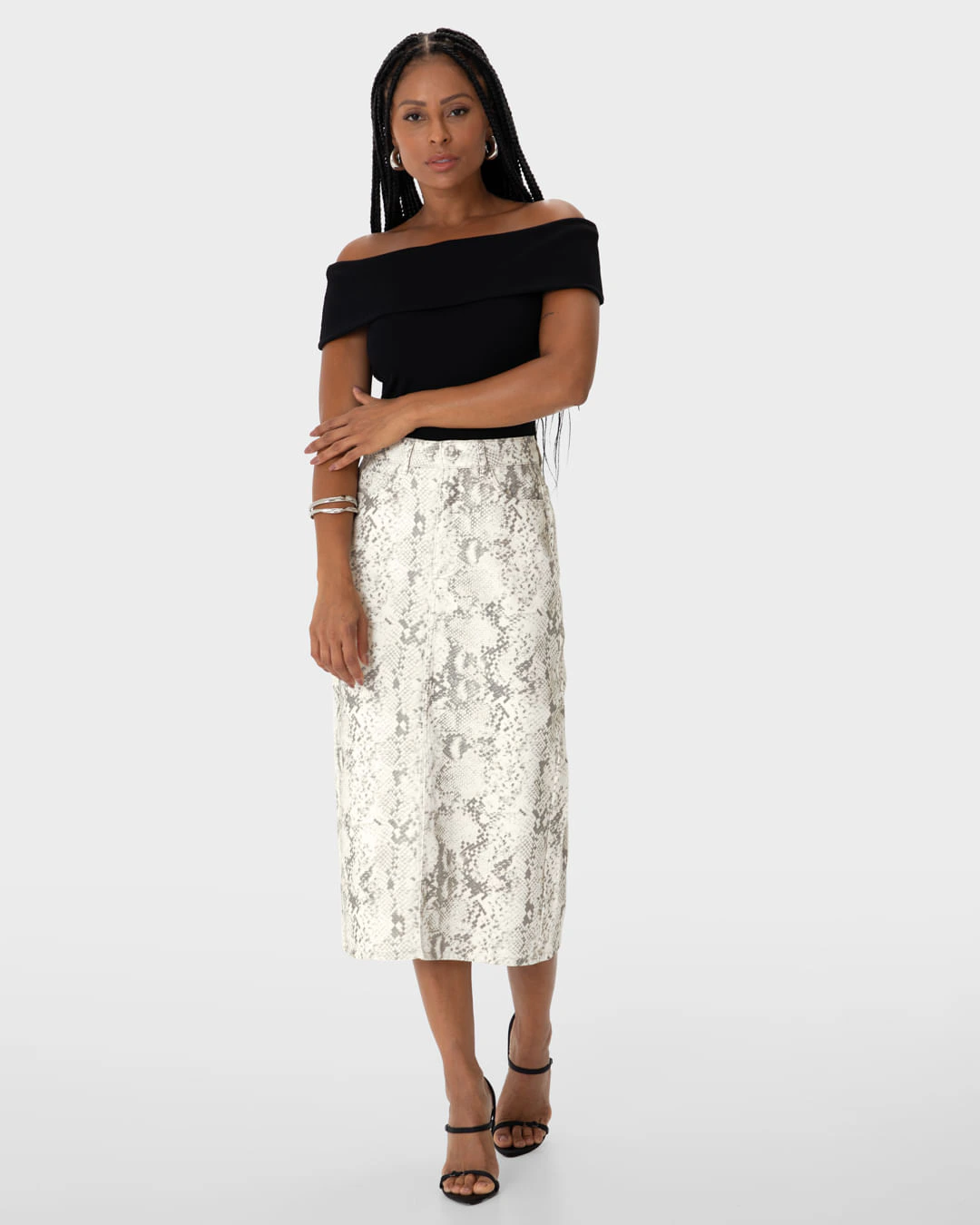 Saia Longa Feminina Fenda Frontal Snake Print Em Sarja - ENFIM