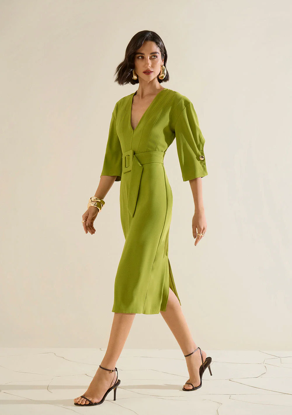 Vestido Morena Rosa Ajustado Decote V Manga Longa Midi Verde