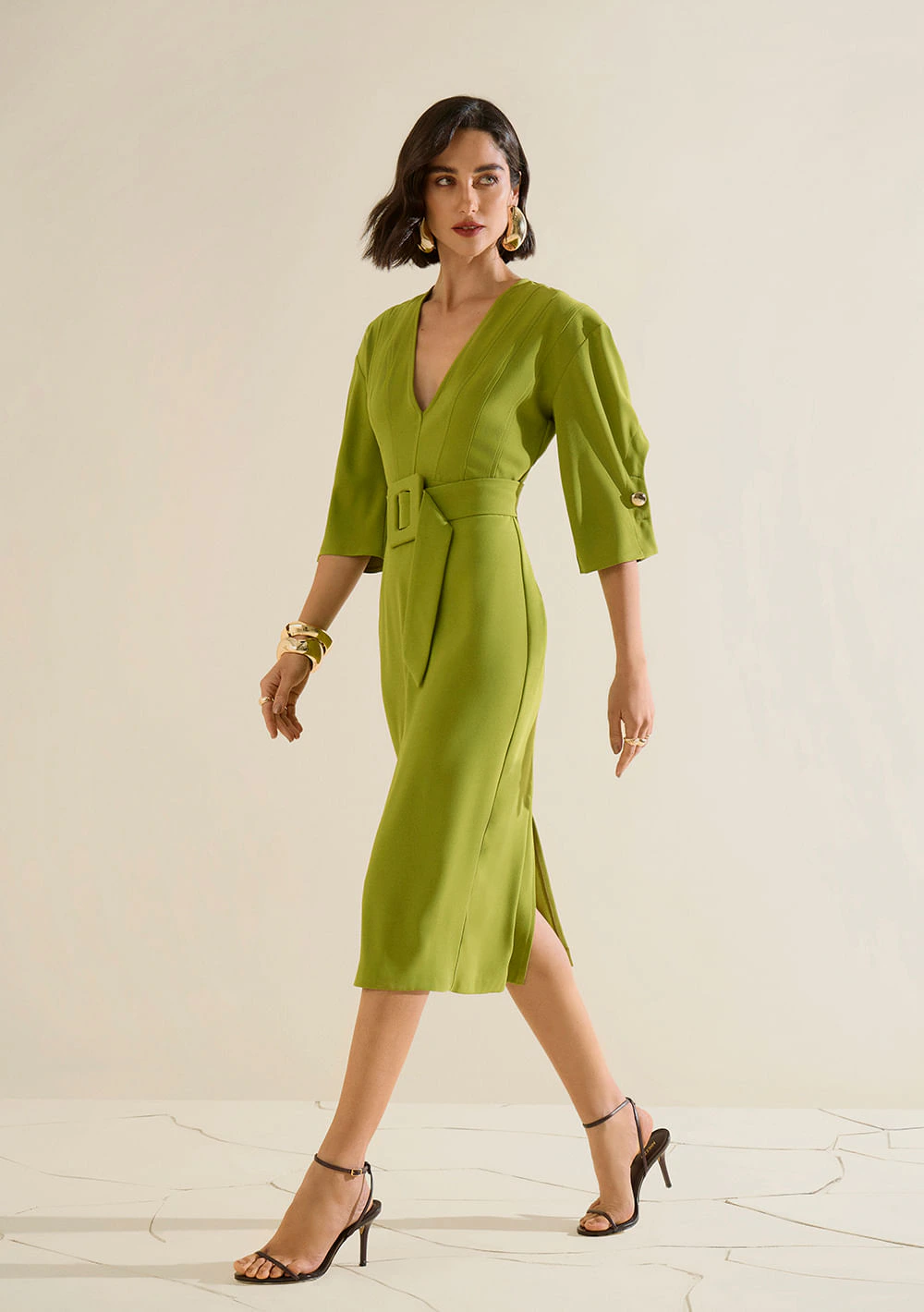Vestido Morena Rosa Ajustado Decote V Manga Longa Midi Verde