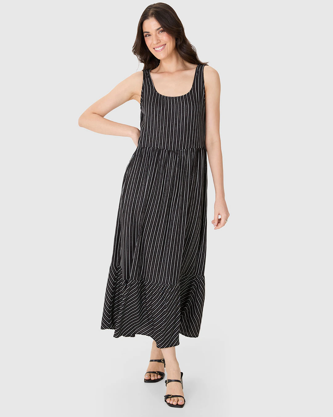 Vestido Midi Feminino Listrado Decote Redondo Em Viscose Lurex