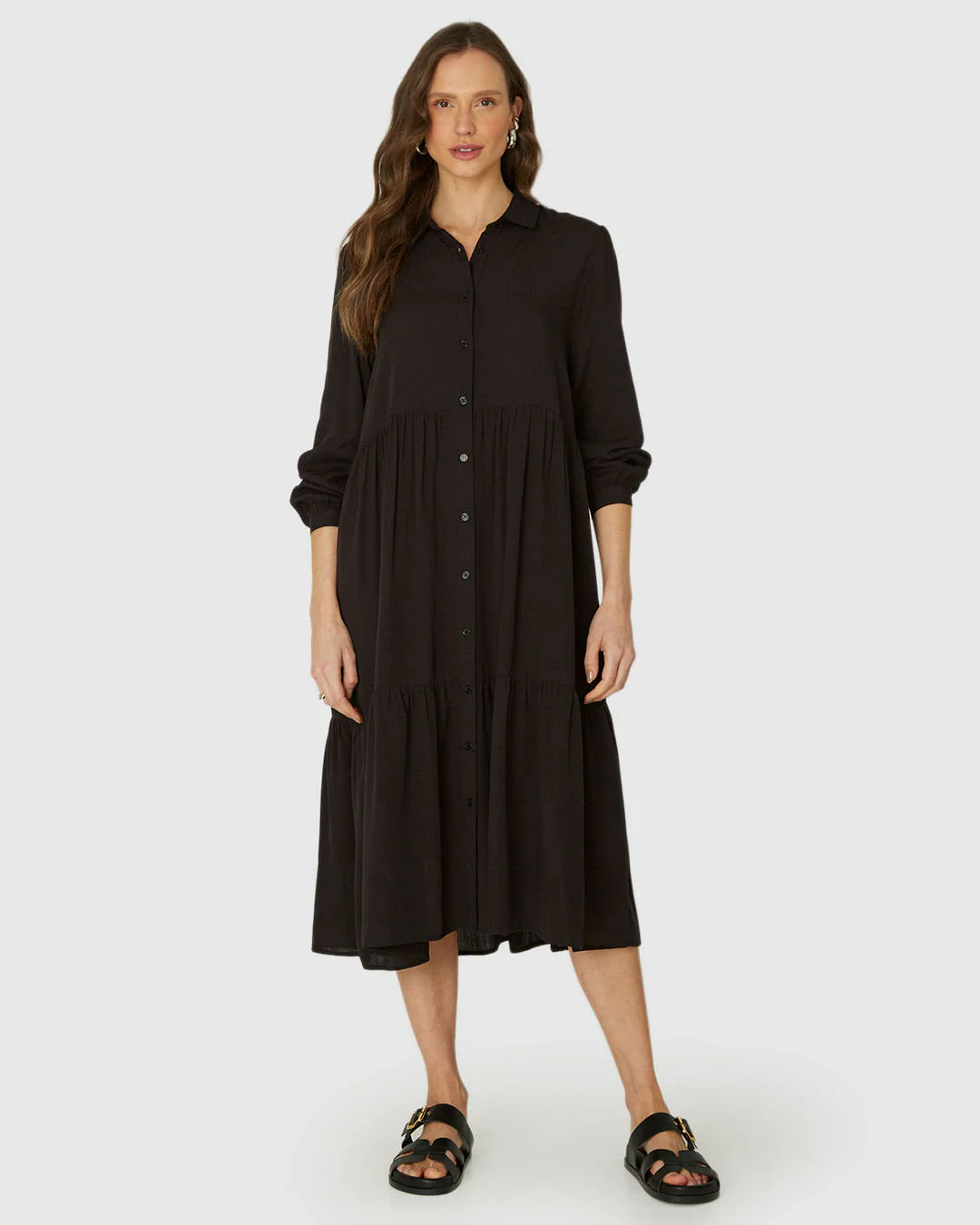 Vestido Chemise Feminino Abotoamento Frontal Em Viscose Sarjada