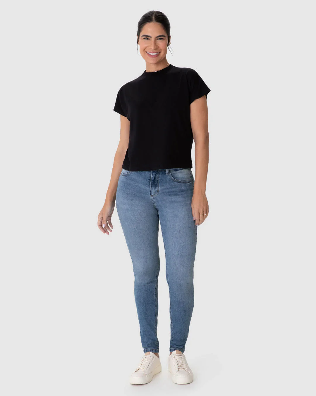 Calça Skinny Feminina Cintura Média Bolso Funcional Em Flex Jeans