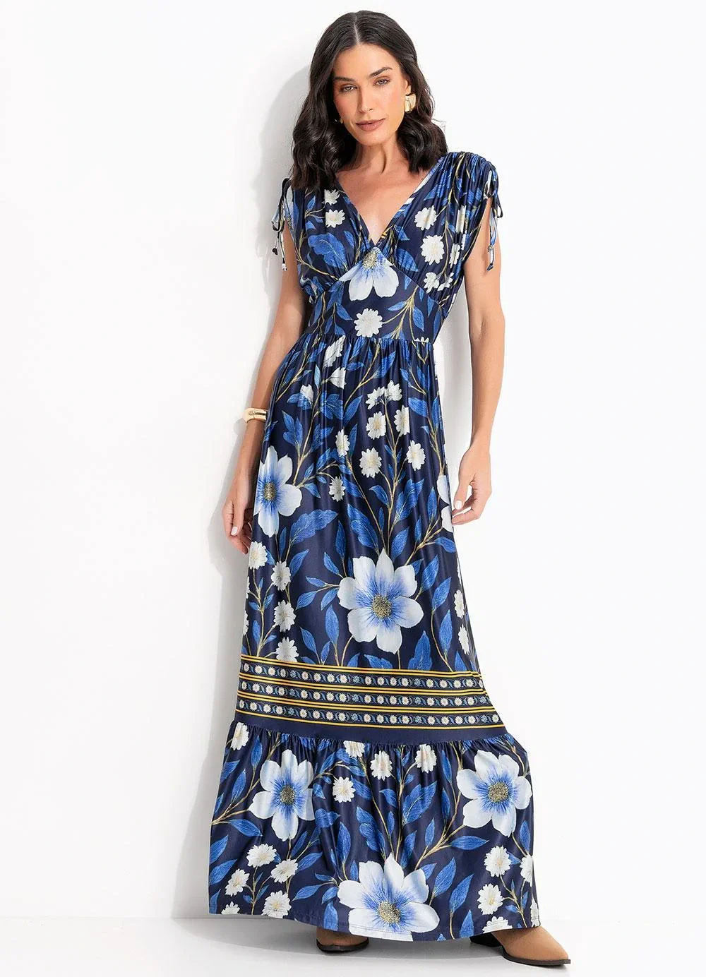 Quintess - Vestido Barrado Floral Azul em Malha Fria