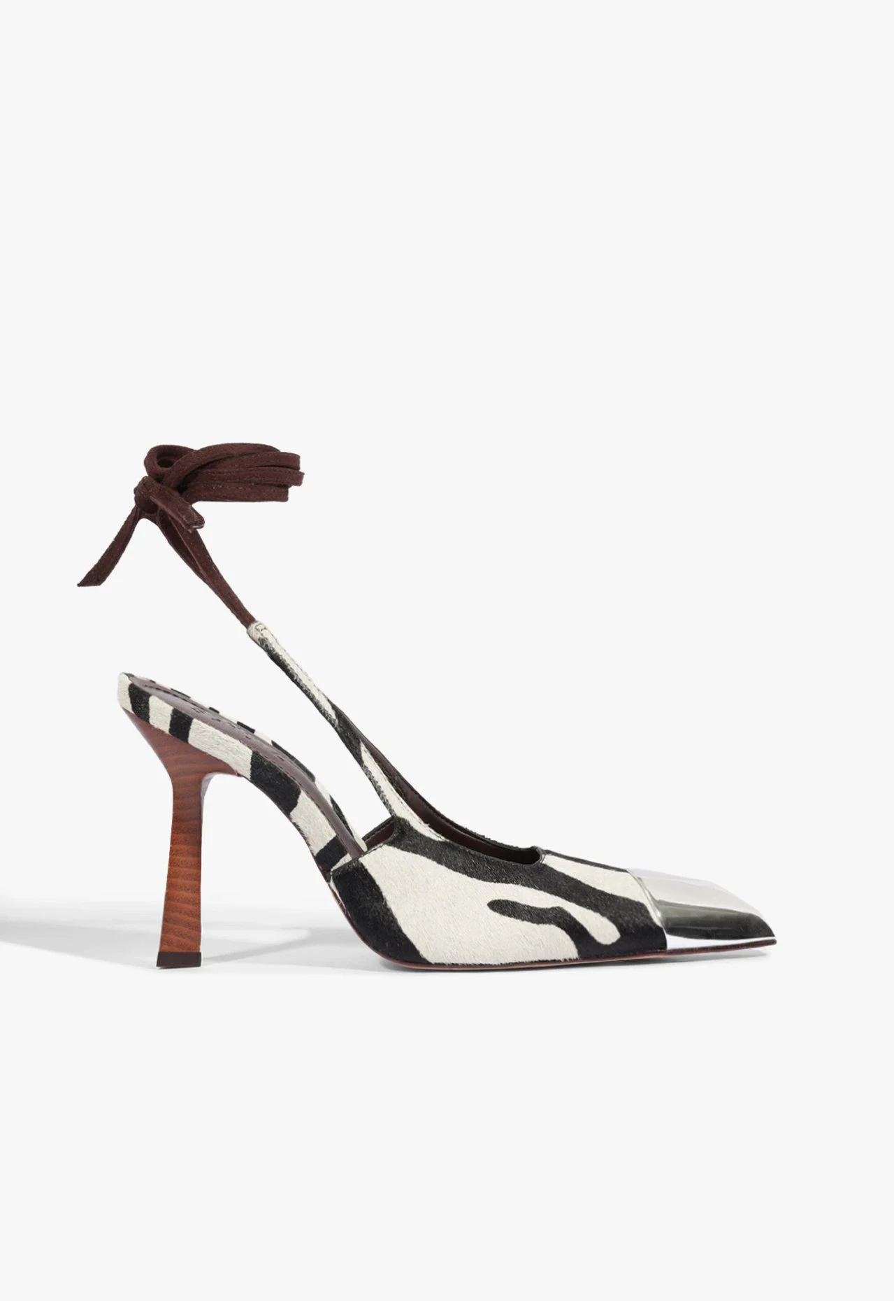 Slingback Biqueira de Metal Couro Zebra Branco