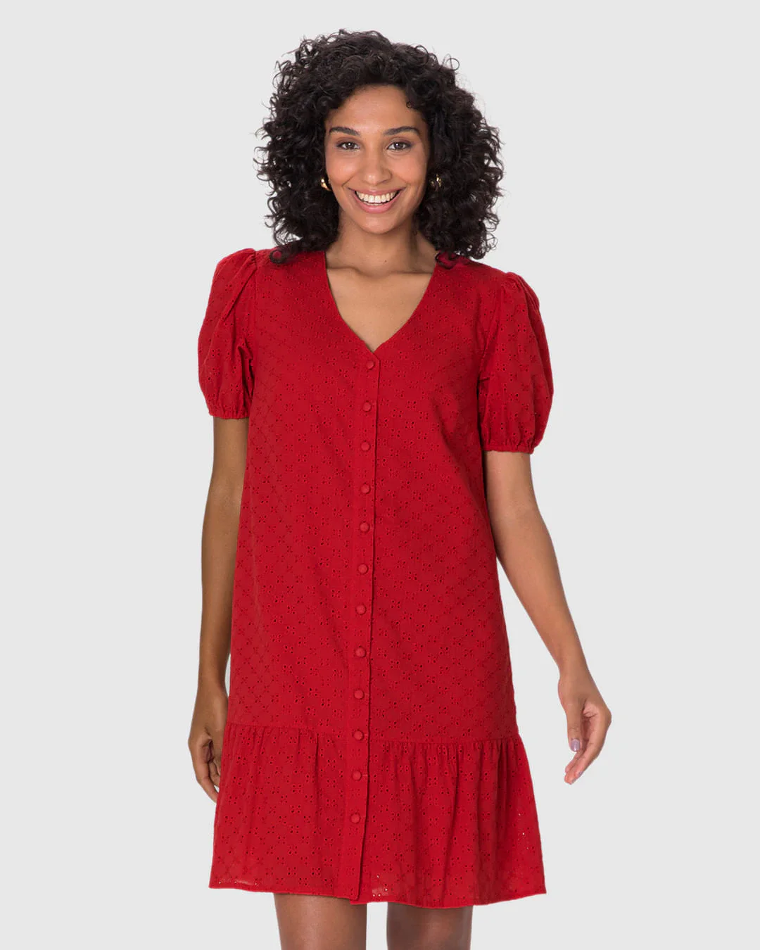 Vestido Feminino Decote V Abotoamento Frontal Em Laise Algodão