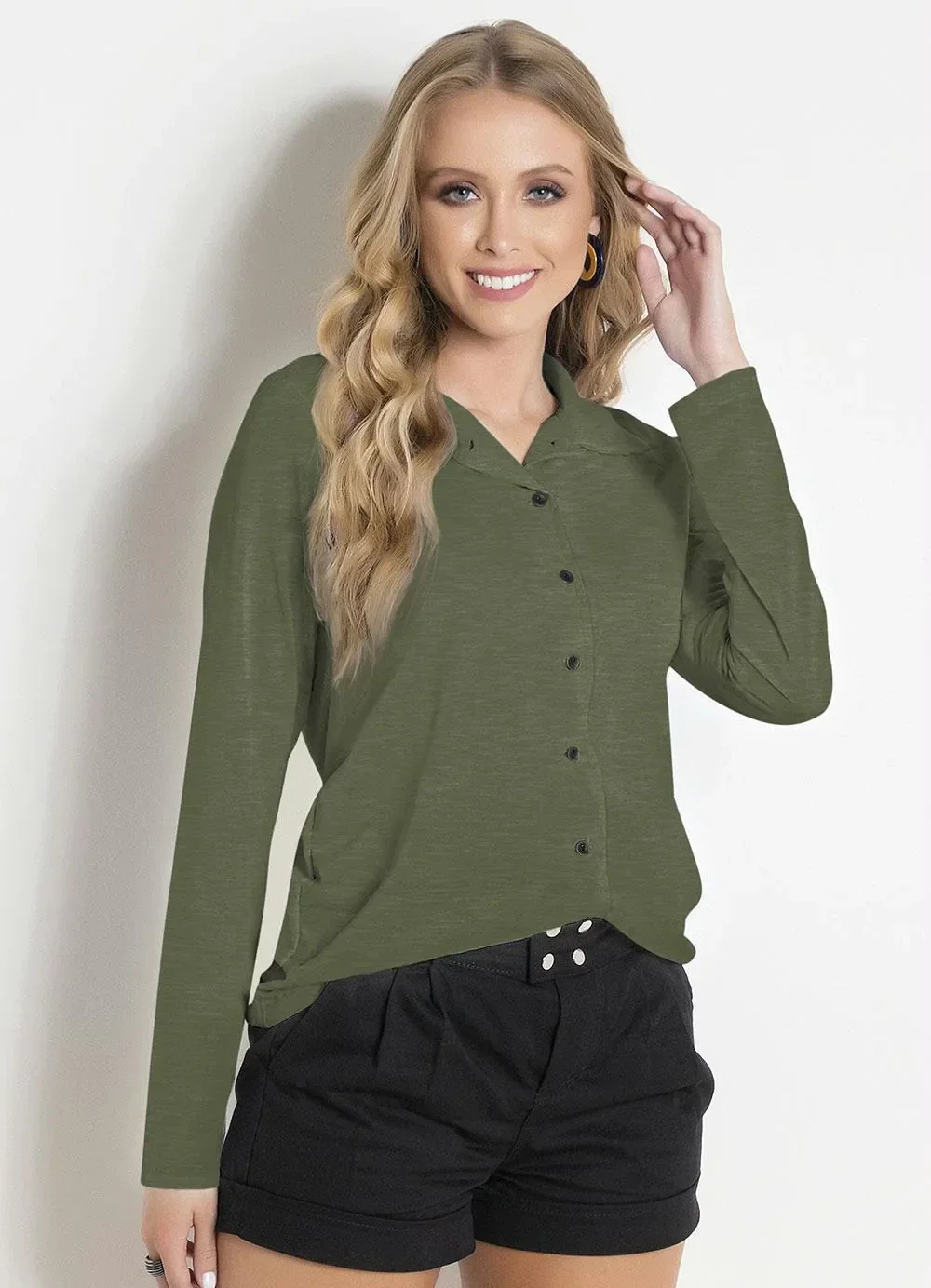 Moda Pop - Camisa com Botões Verde Militar