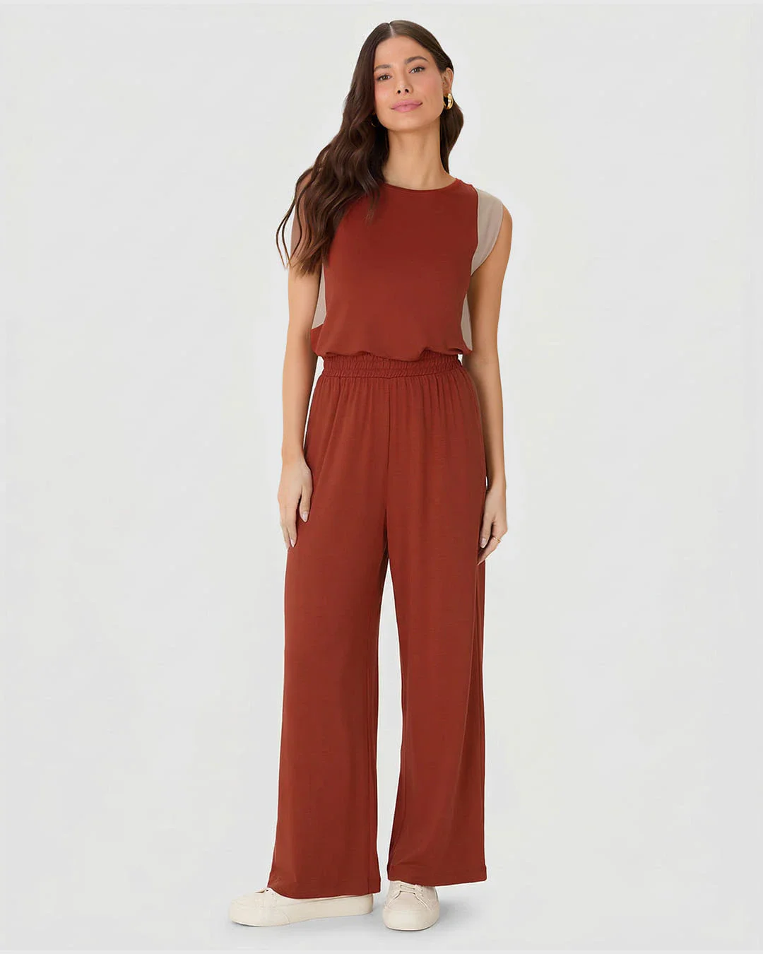 Calça Wide Leg Feminina Cós Elástico Em Moletinho De Viscose