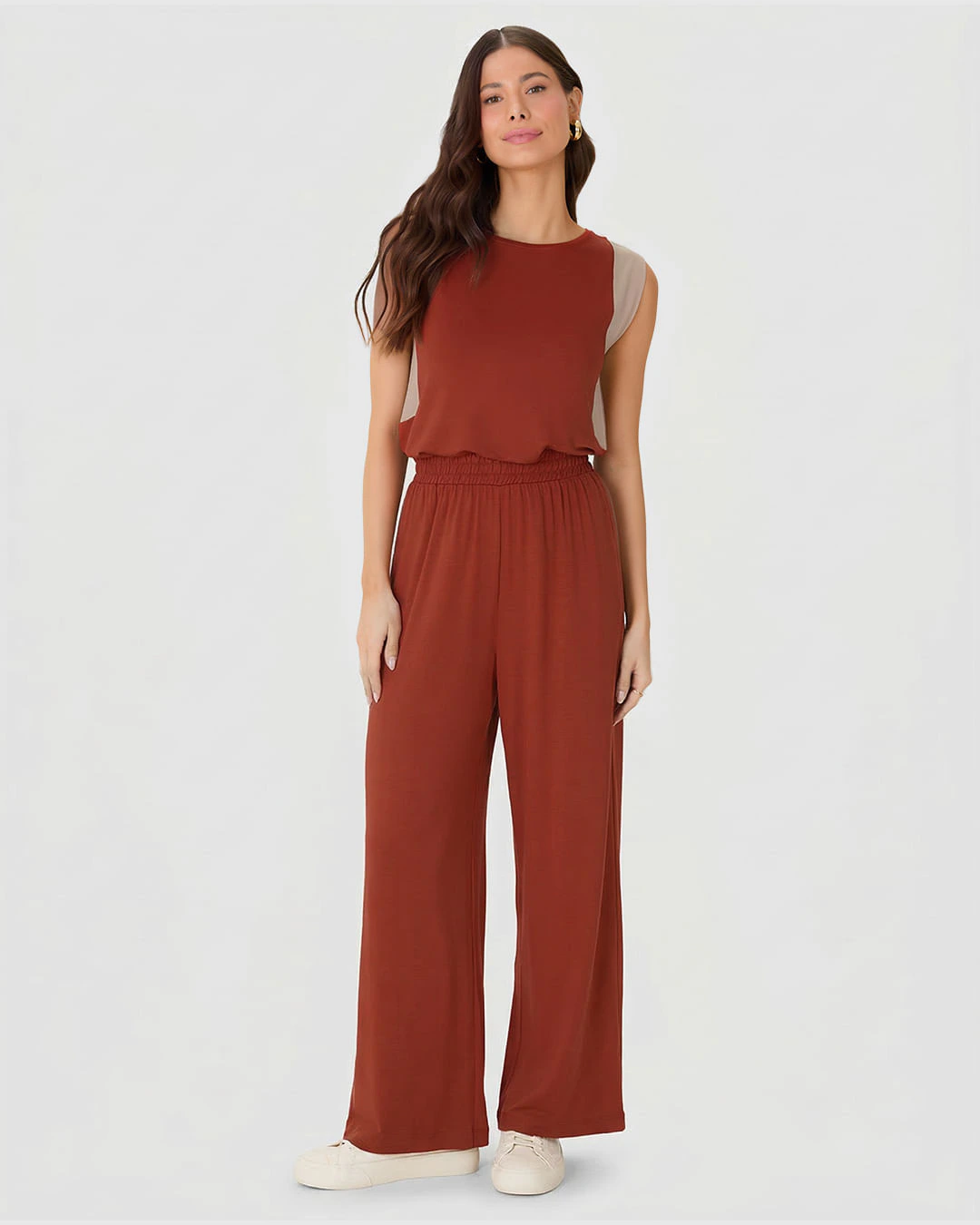 Calça Wide Leg Feminina Cós Elástico Em Moletinho De Viscose