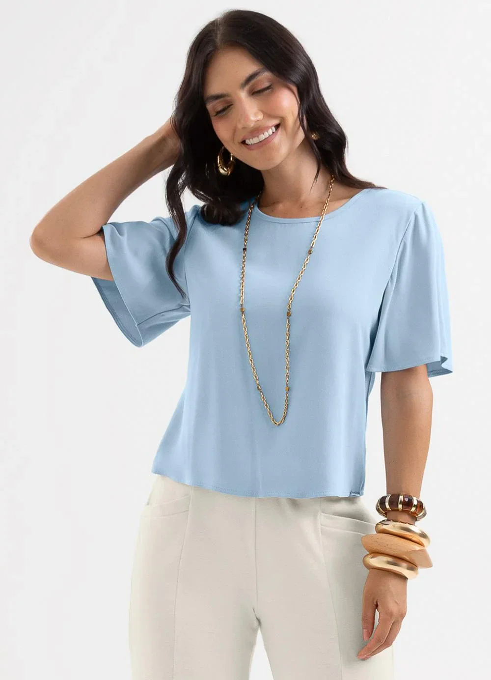 Cativa - Blusa Manga Ampla em Tecido Texturizado Azul