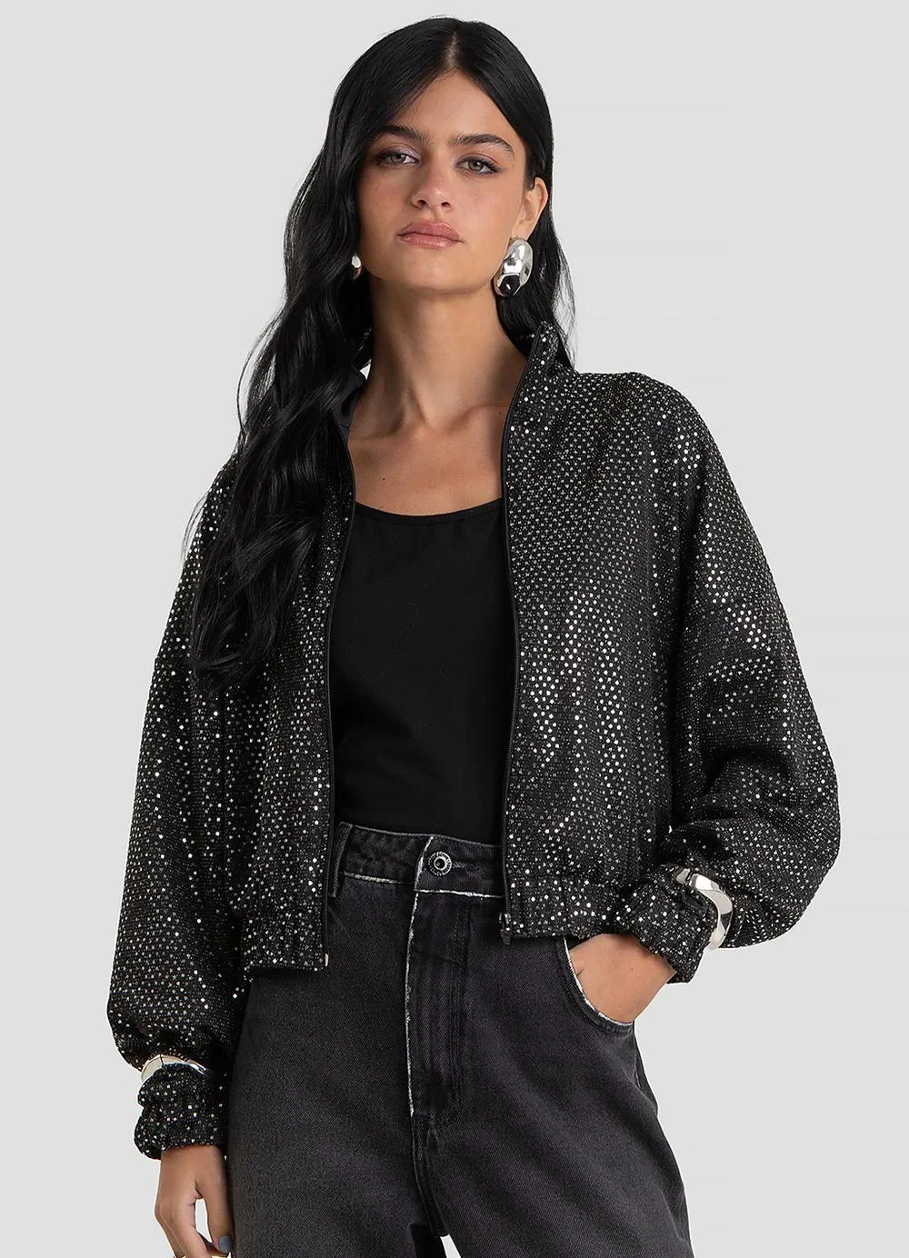 Dianna - Jaqueta Feminina Lantejoula Glow com Zíper Preto