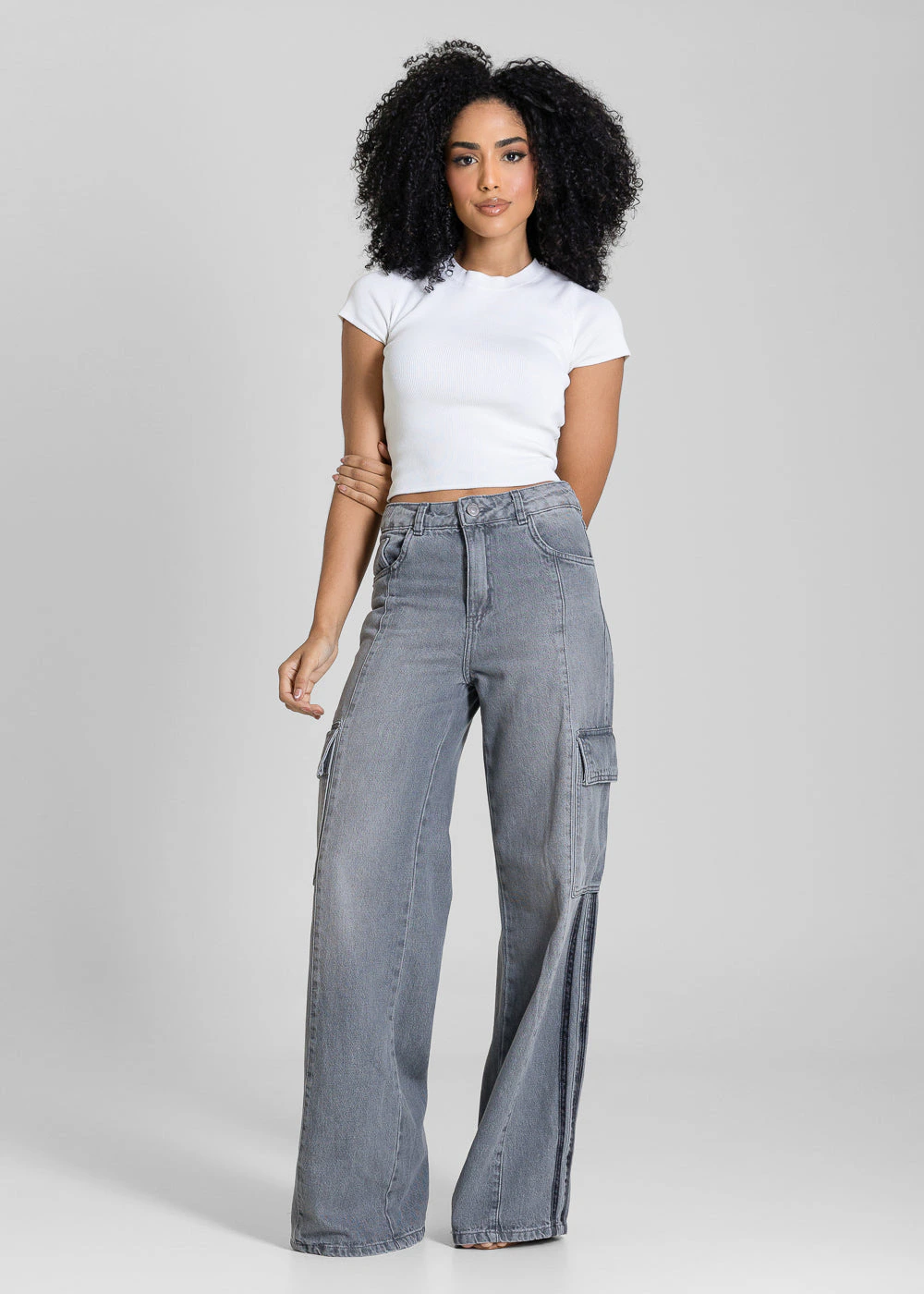 Calça Jeans Sawary Wide Leg Listras Cargo - 283051 GRAY
