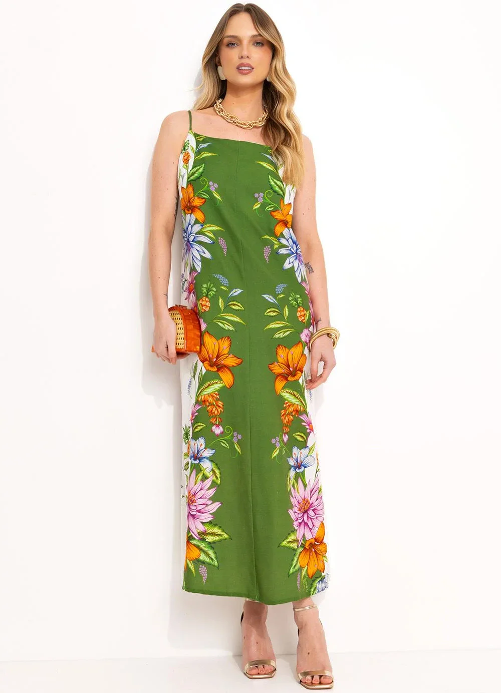 Farm - Vestido Midi em Viscolinho Verde