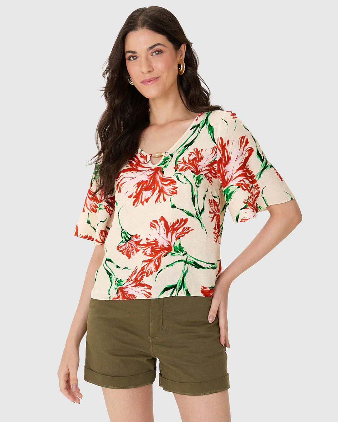 Blusa Feminina Ampla Decote V Detalhe Vazado Em Viscose