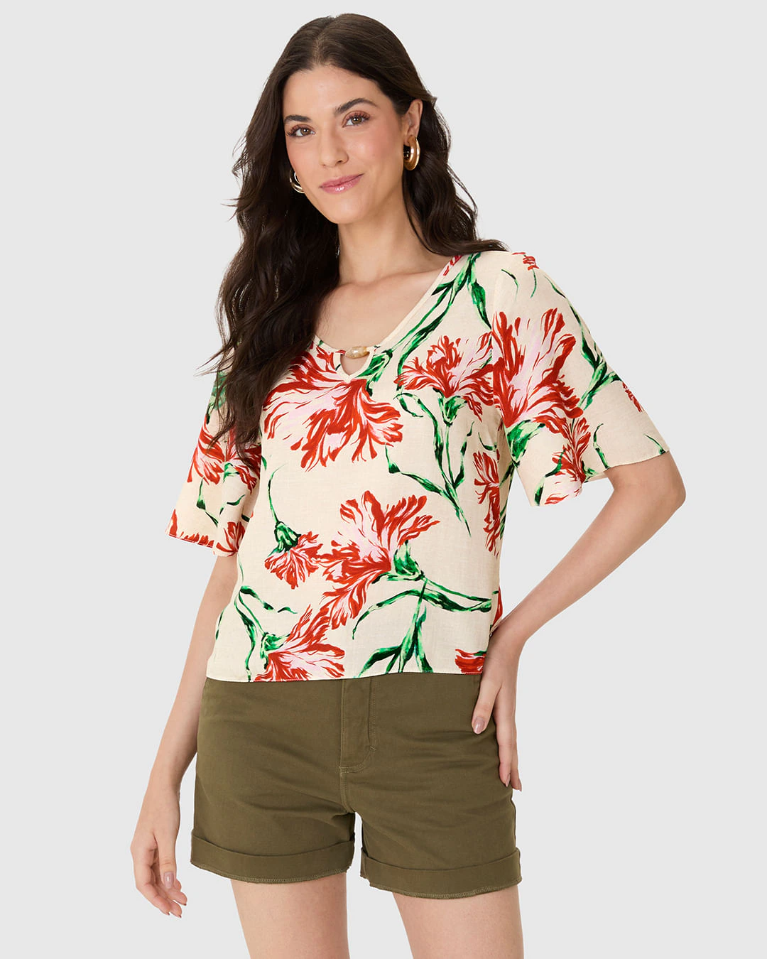 Blusa Feminina Ampla Decote V Detalhe Vazado Em Viscose