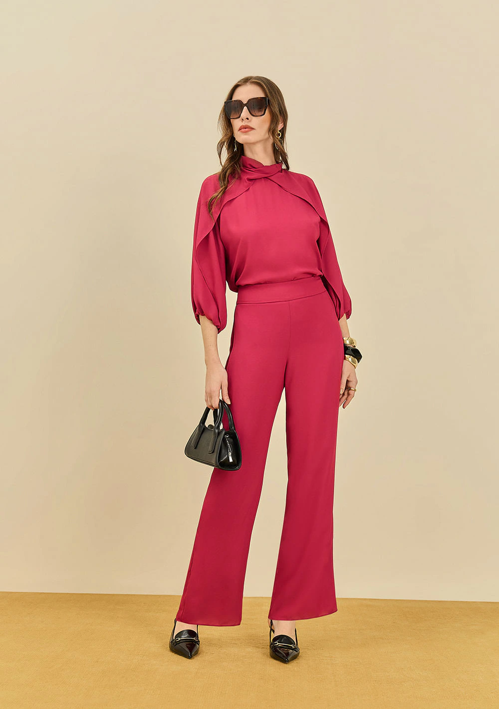 Blusa Maria.Valentina Solta Gola Alta Manga Longa Padrão Rosa