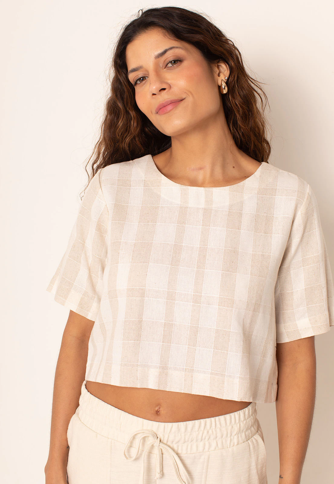 Cropped Linho Breeze Manga Curta Listrado Areia