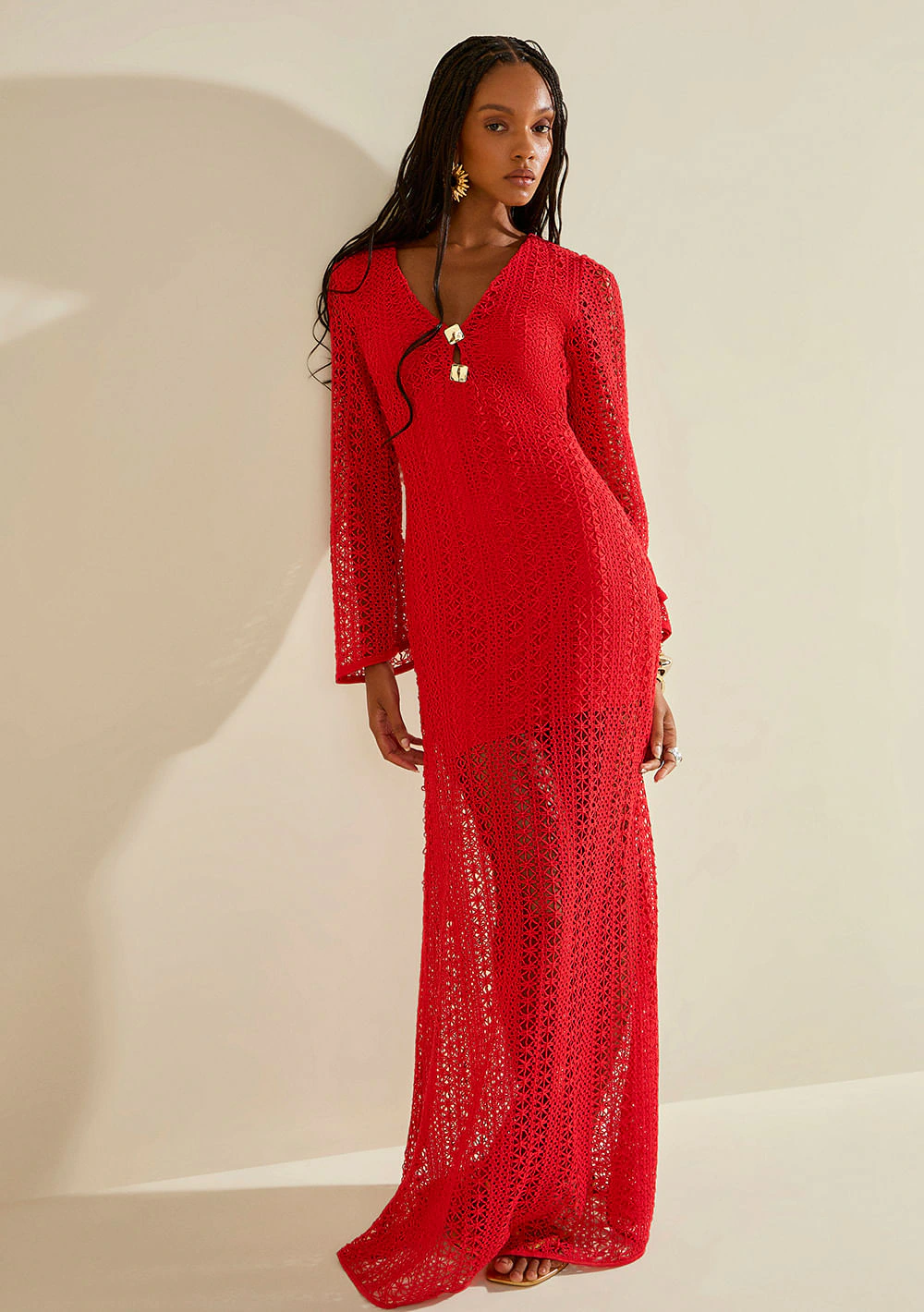 Vestido Morena Rosa Solto Decote V Manga Longa Longo Vermelho