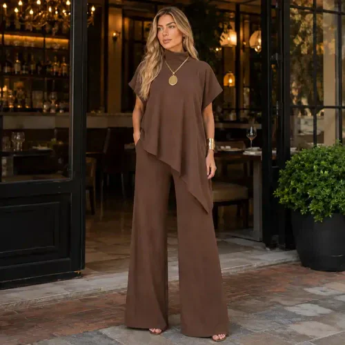 Conjunto Feminino Ana Ruga Pantalona Gola Alta Elegante