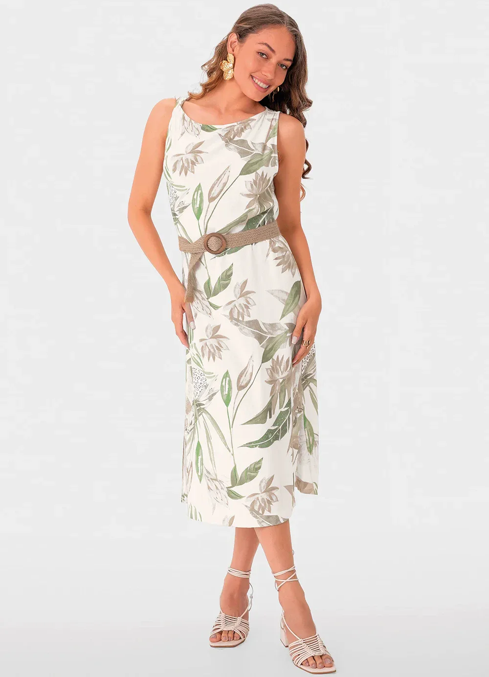 Malwee - Vestido Off White Mídi Tropical