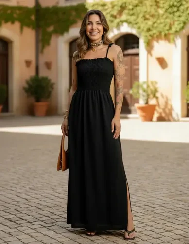 Vestido Feminino Longo Alça Ajustável Lastex Fenda Casual